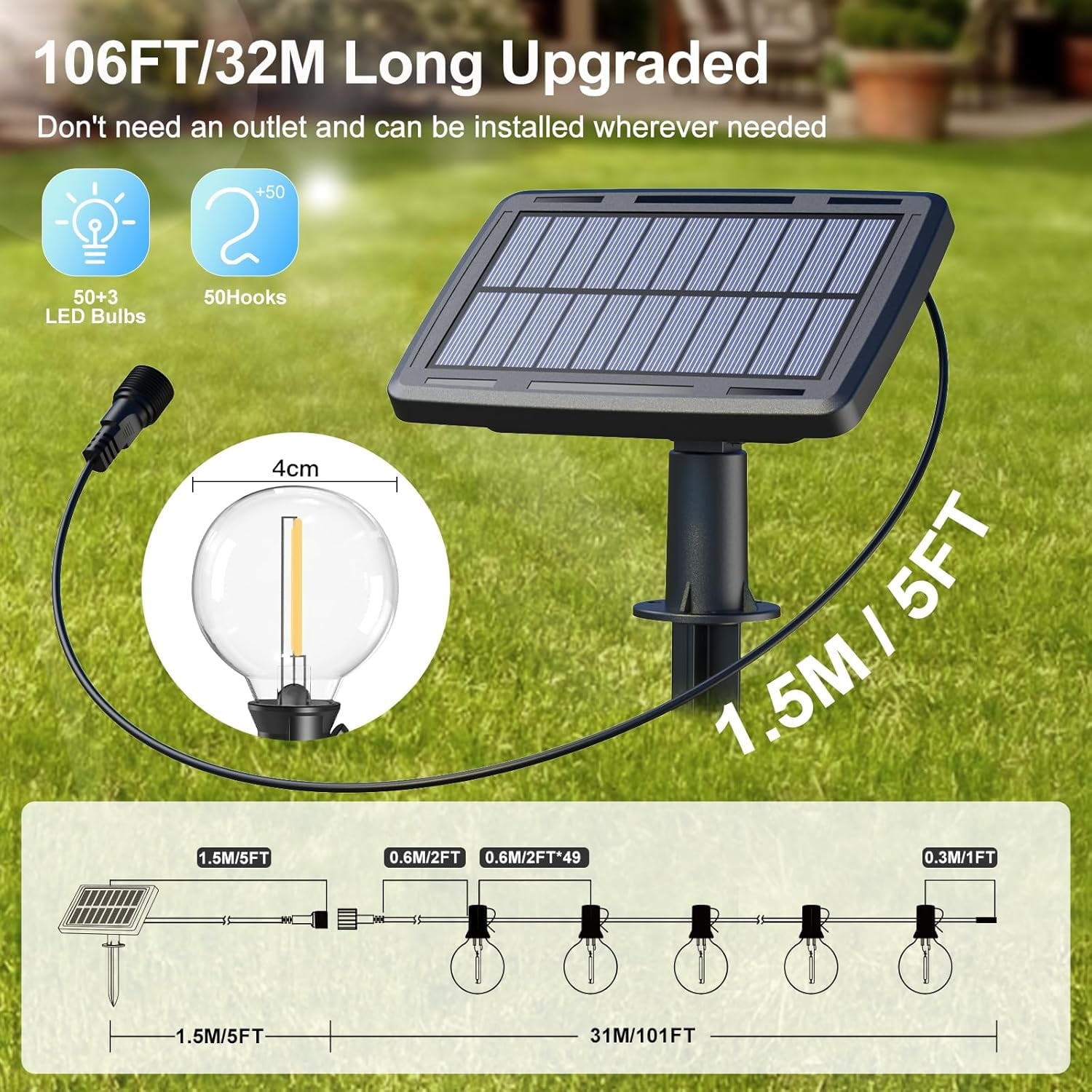 Quntis 111FT Outdoor Solar String Lights with Remote+Timer, 50+2 Bulbs Dimmable Solar String Lights 4 Lighting Modes IP65 Waterproof with USB C Port for Garden Patio Yard Festival Camping