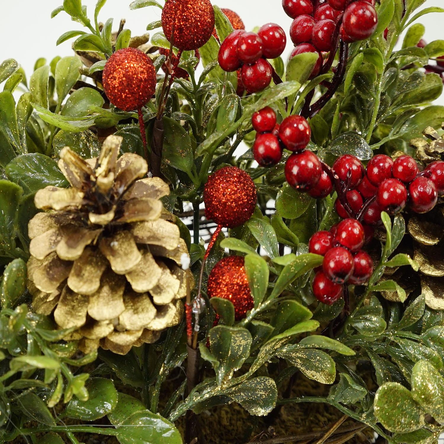 12" Pine Cones Berries and Boxwood in Twig Basket Christmas Tabletop Decoration