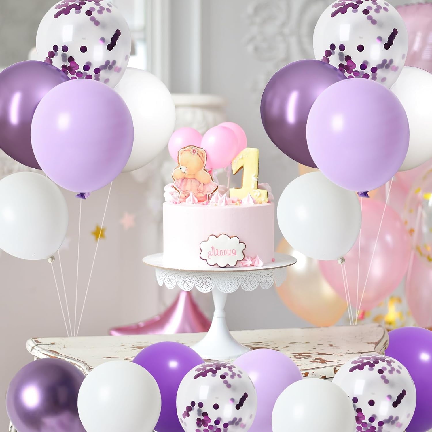65 Pcs 12 Inches Lavender Purple Balloons, Purple Metallic and Confetti Balloons for Valentine's Day, Baby Shower, Girls Birthday, Wedding, Anniversary Party Decorations