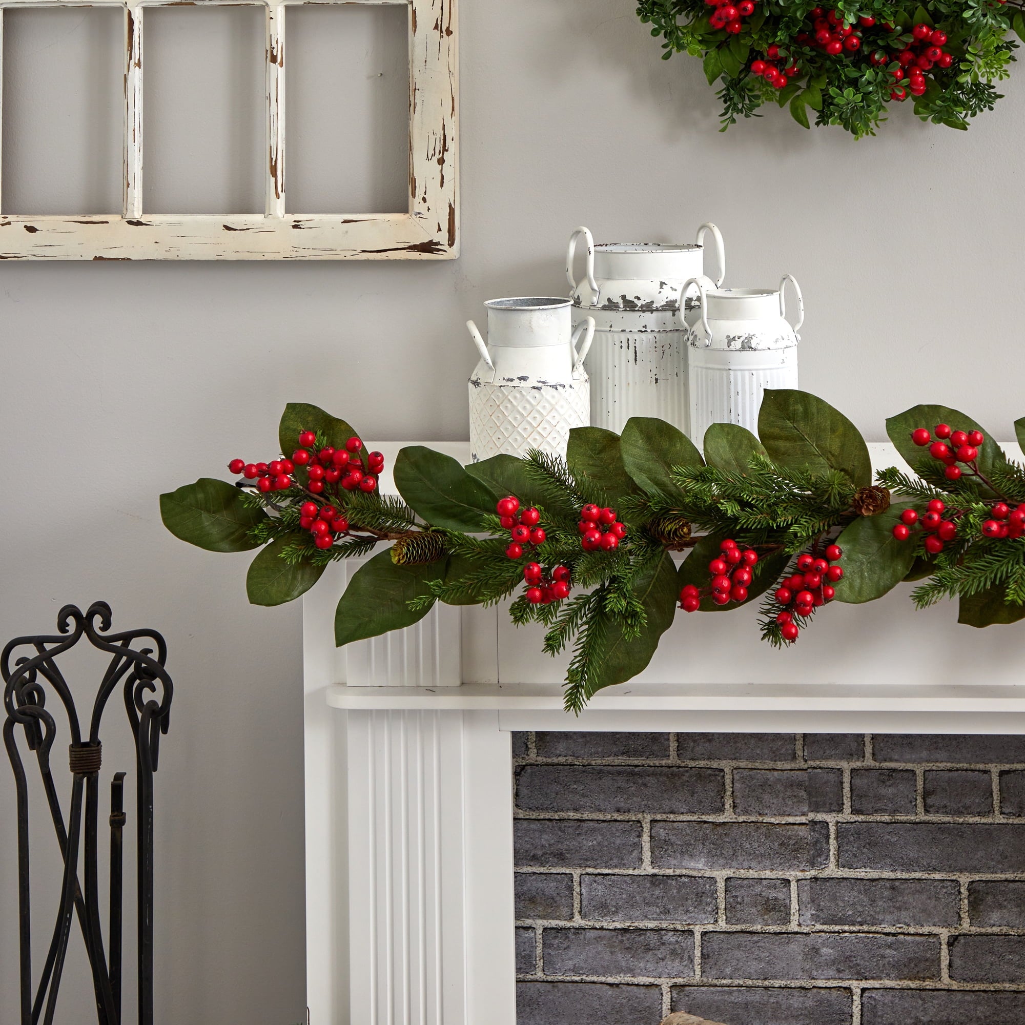 Nearly Natural 5' Christmas Magnolia Berry Pine Artificial Garland, Green