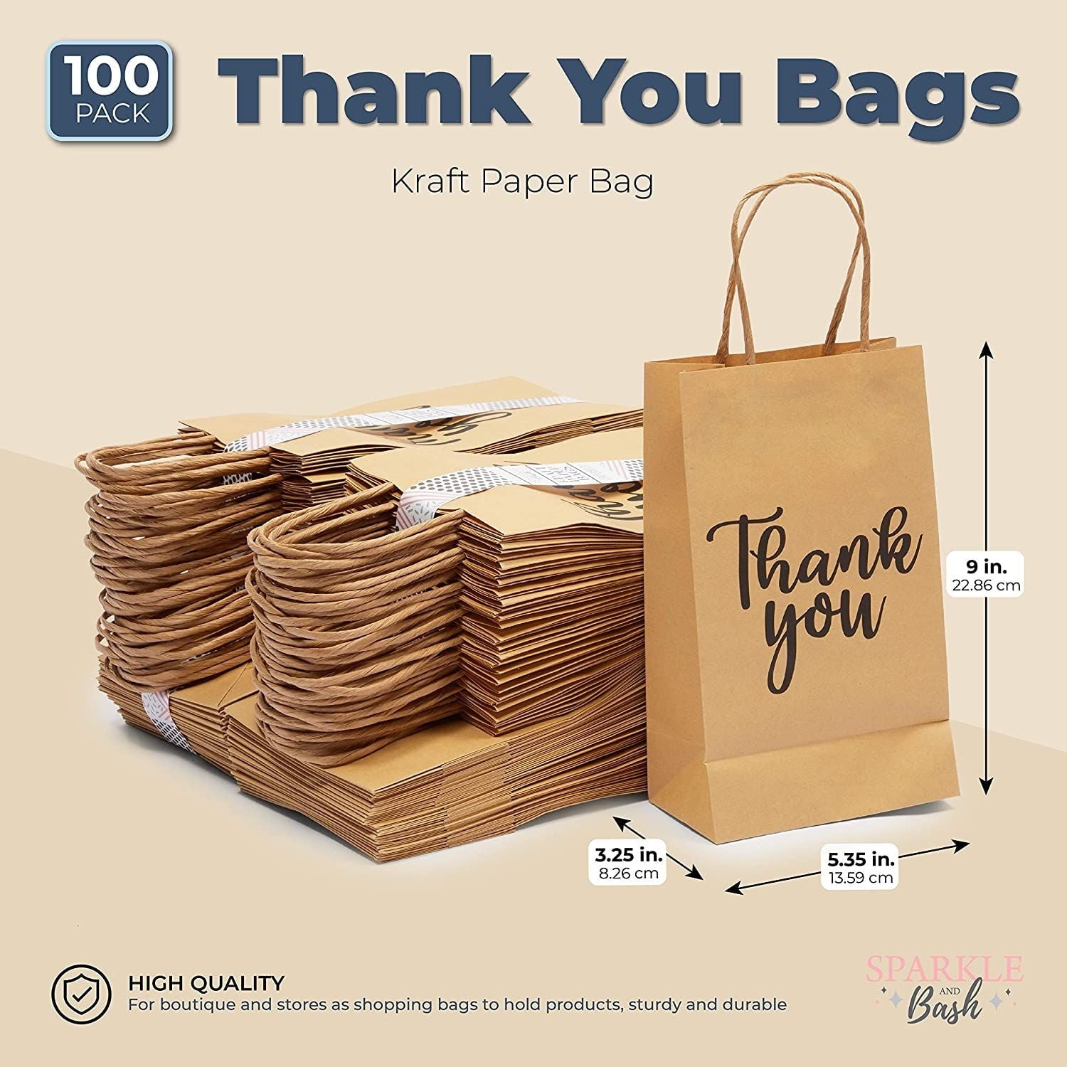 100-Pack Small Thank You Gift Bags with Handles, Brown Kraft Paper Bulk Bags for Weddings, Birthday Party Favors, Gift Wrapping, Retail Small Businesses (9x5.3x3 in)