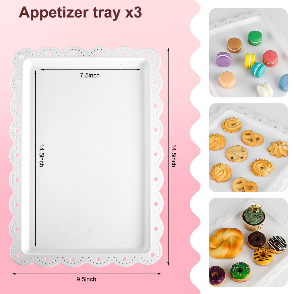 TINANA 10 PCS Plastic Cake and Cupcake Stand Set, 3 Two-Tier Stands, 3 Three-Tier Stands, 4 Appetizer Trays, for Birthday, Bridal, and Baby Shower Parties, White