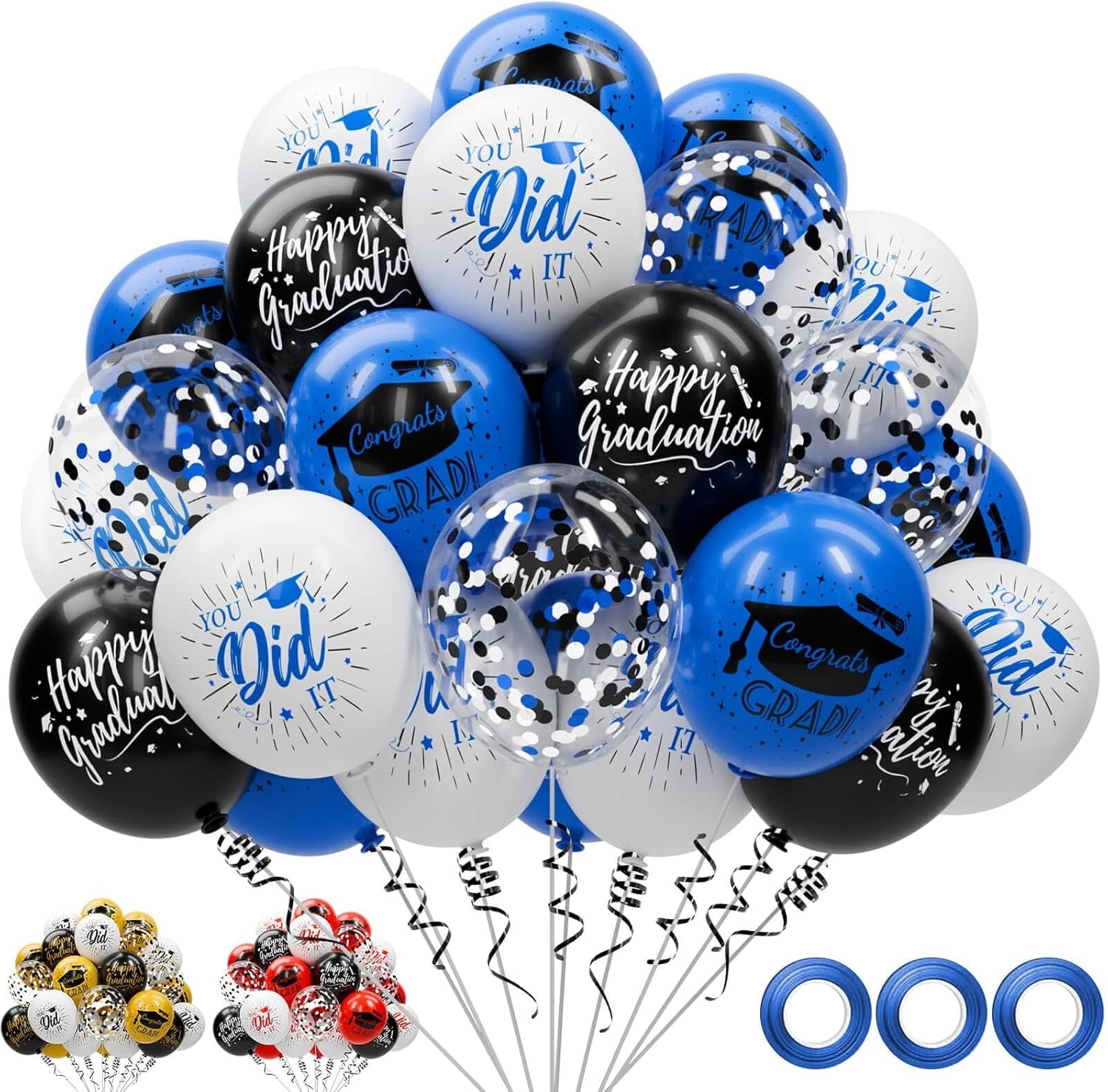 80 Pack Blue And Black Graduation Balloons Class Of Graduation Decorations - 12 Inch Royal Blue White Congrats Grad Balloons With Ribbons, Grad Party Decorations For College, High School