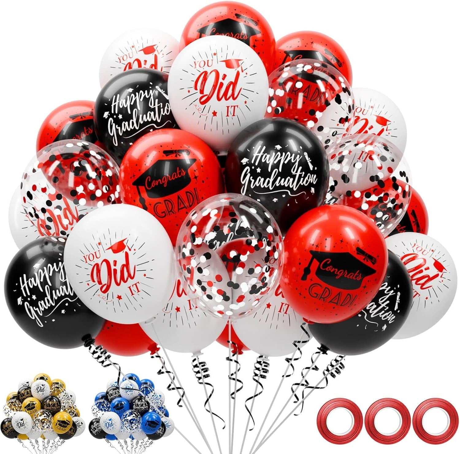 80 Pack Blue And Black Graduation Balloons Class Of Graduation Decorations - 12 Inch Royal Blue White Congrats Grad Balloons With Ribbons, Grad Party Decorations For College, High School