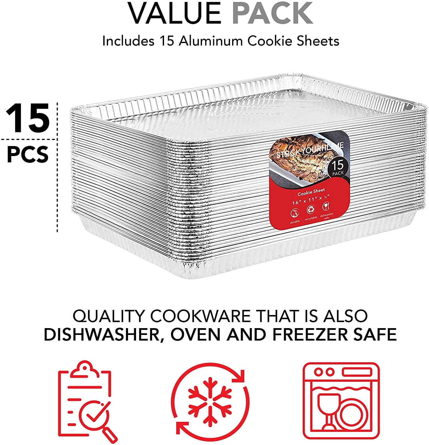 Stock Your Home Aluminum Pans Cookie Sheet Baking Pans (15 Pack) Disposable Aluminum Foil Trays - Reusable and Durable Nonstick Baking Sheets – Disposable Cookie Sheet Foil Pans - 16 Inch x 11 Inch