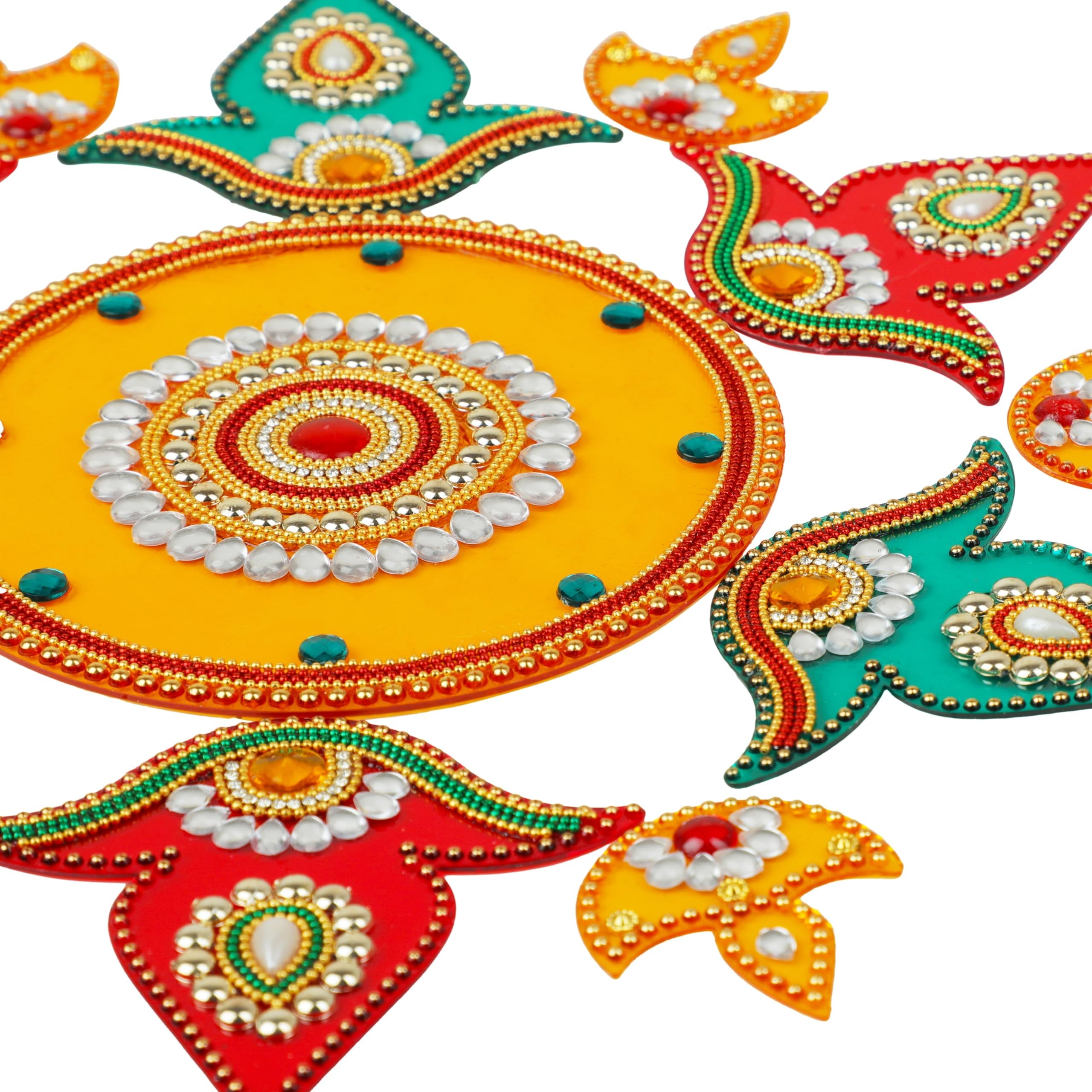 Designer Floor Rangoli Reusable Round Rangoli Acrylic Rangoli Indian Traditional Home Floor Decor Gift for Home Interior Floor Festival Decorations and Gifting(Size:14")(Red,Yellow & Green)