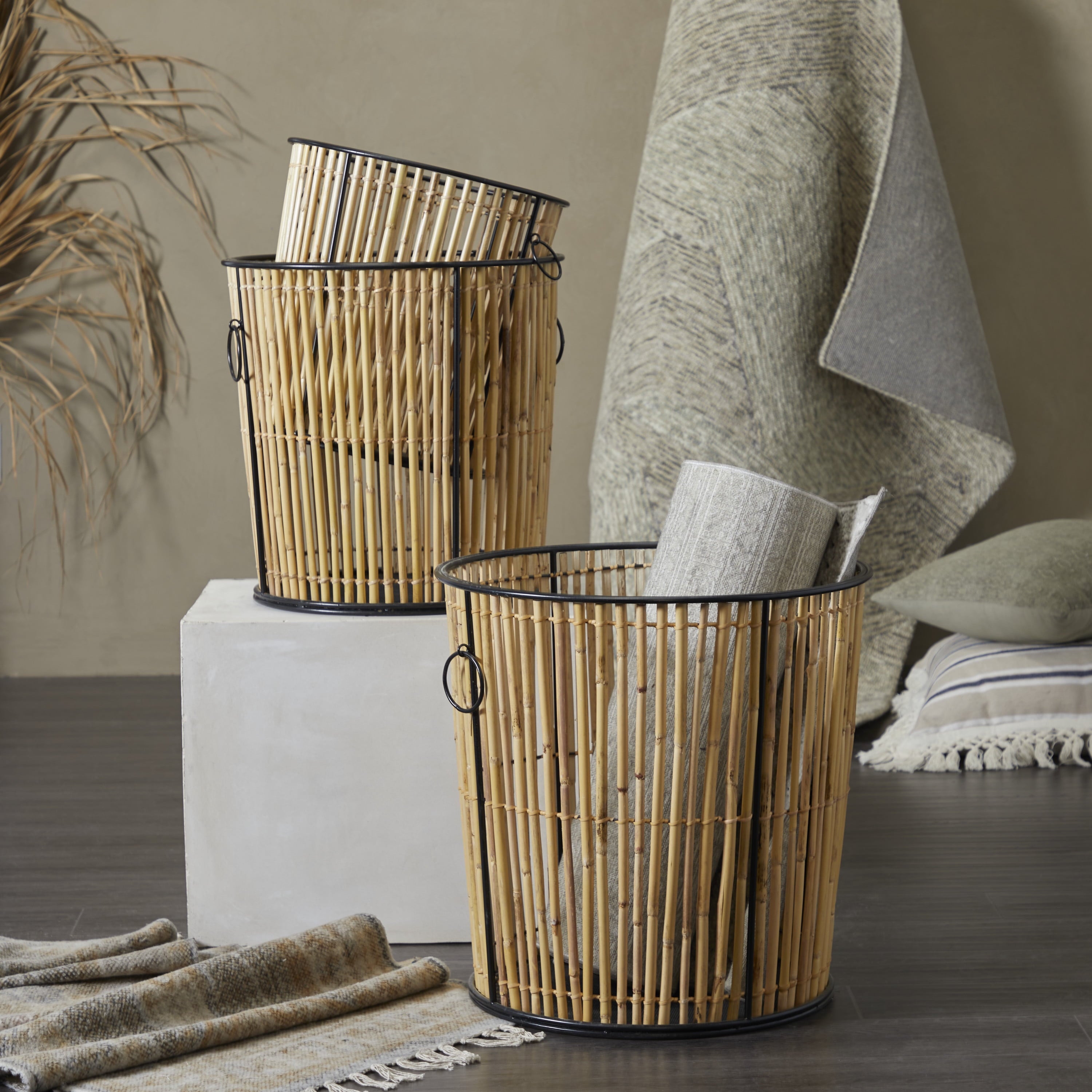 DecMode 20", 18", 15"H Light Brown Rattan Handmade Slatted Frame Storage Basket with Ring Handles, 3-Pieces