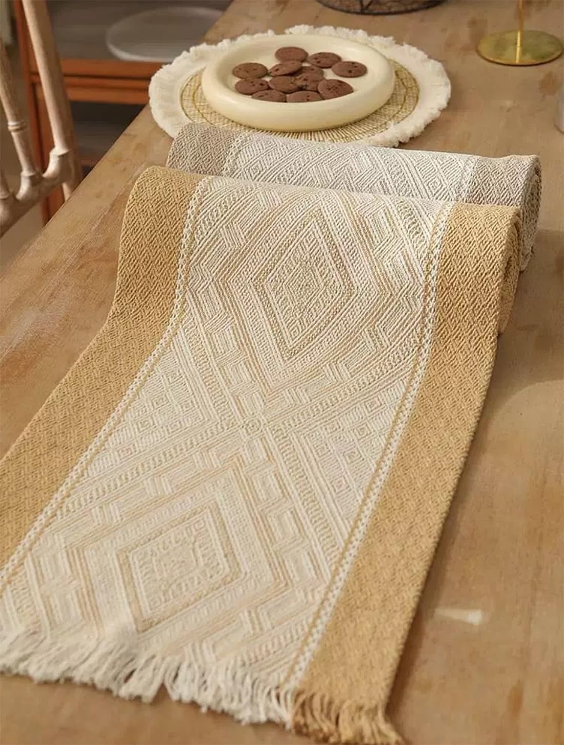 Fennco Styles Diamond Weave Fringe Cotton Blend Table Runner 14" W x 72" L - Beige Geometric Rectangular Table Cover for Boho Décor, Dining Table, Banquets, Family Gatherings