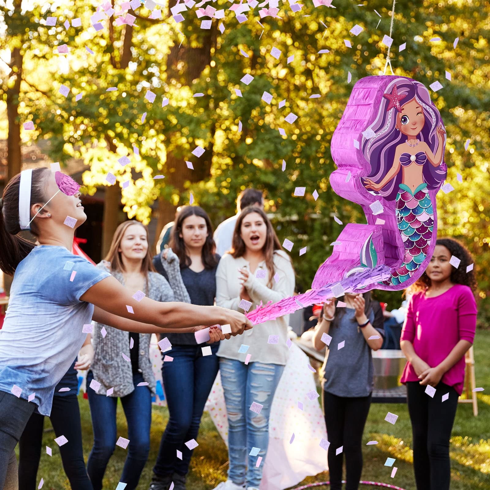 JBee Ctrl Mermaid Pinata - Mermaid Party Supplies Pinata Bundle with Blindfold and Bat for Girls Kids Ocean Theme Birthday Party Game Decorations (15.8" x 11.8" x 3.5")