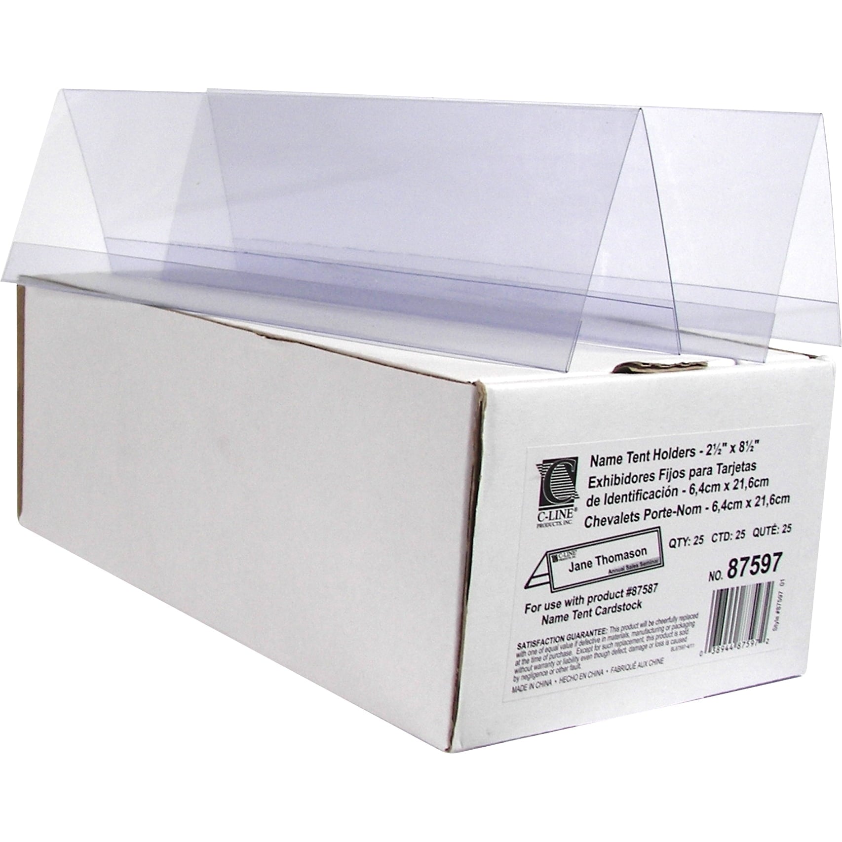 C-Line Tent Card Holders, 2 1/2" x 8 1/2", Rigid Heavyweight Clear Plastic, 25/Box
