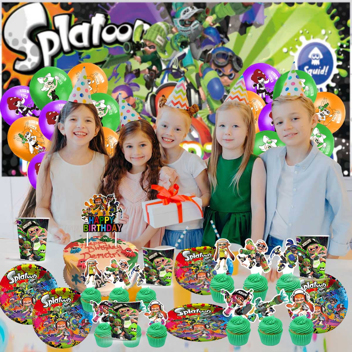 Splatoon Birthday Party Supplies Balloons Plates Decoration Cake Topper Decor Tableware Banner Backdrop