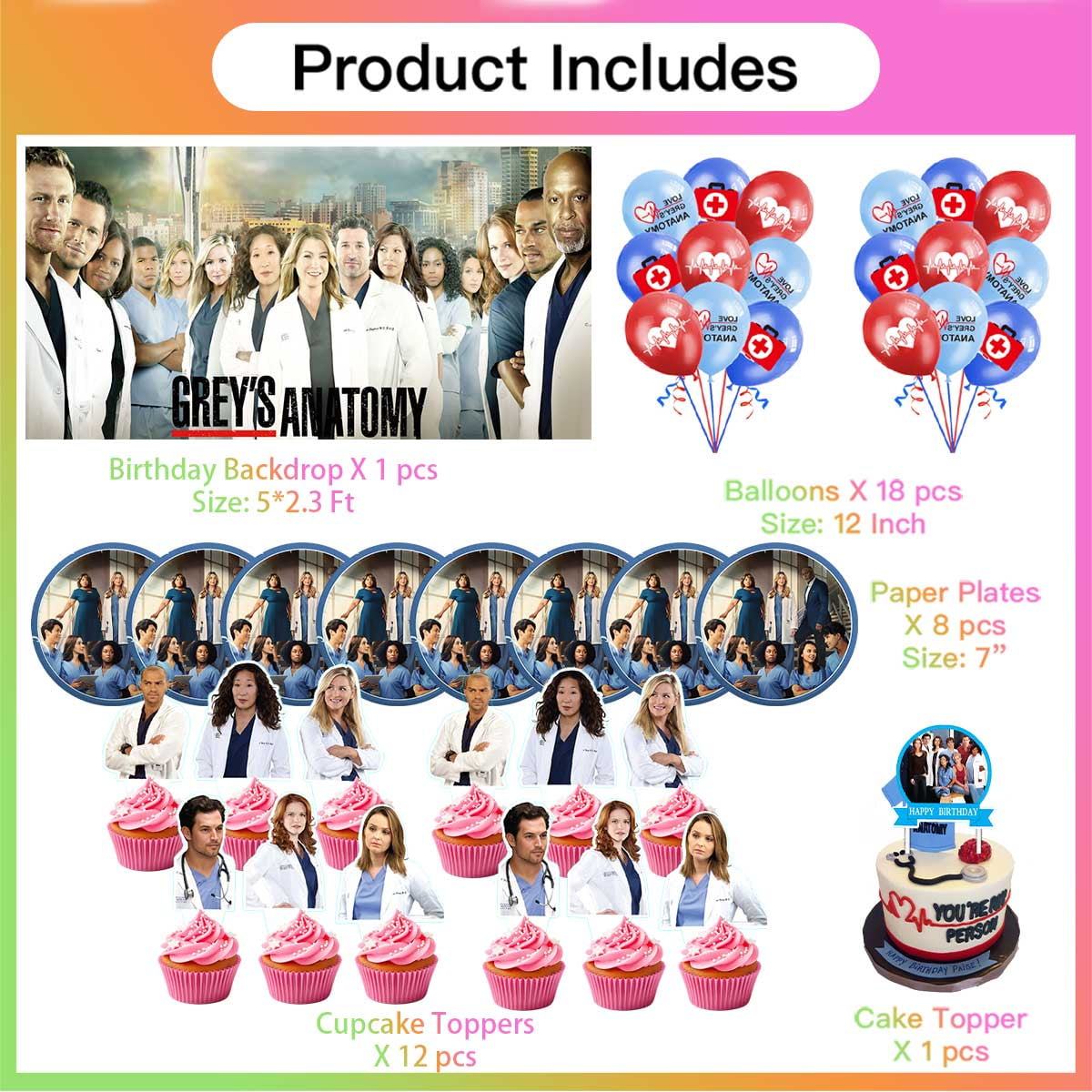 Grey's Anatomy Plates Balloons Party Supplies Plates Cake Toppers Decorations Banner Tableware Birthday Decor