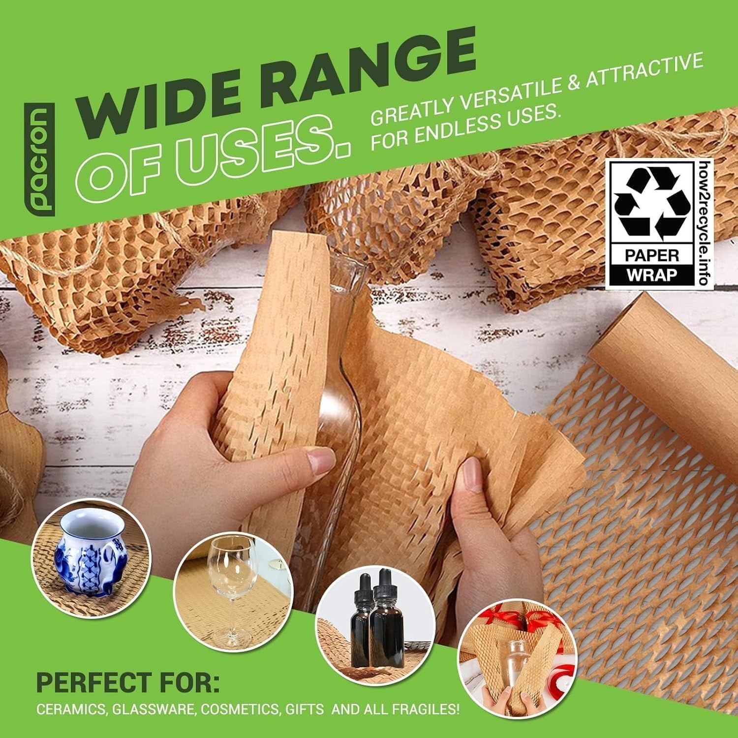 Pacron Recyclable Honeycomb Packing Paper Roll - Brown Kraft Wrapping Paper for Gifts & Products - Eco-Friendly Alternative to Bubble Wrap - Biodegradable & Compostable - Made in USA (20'' x 875'')
