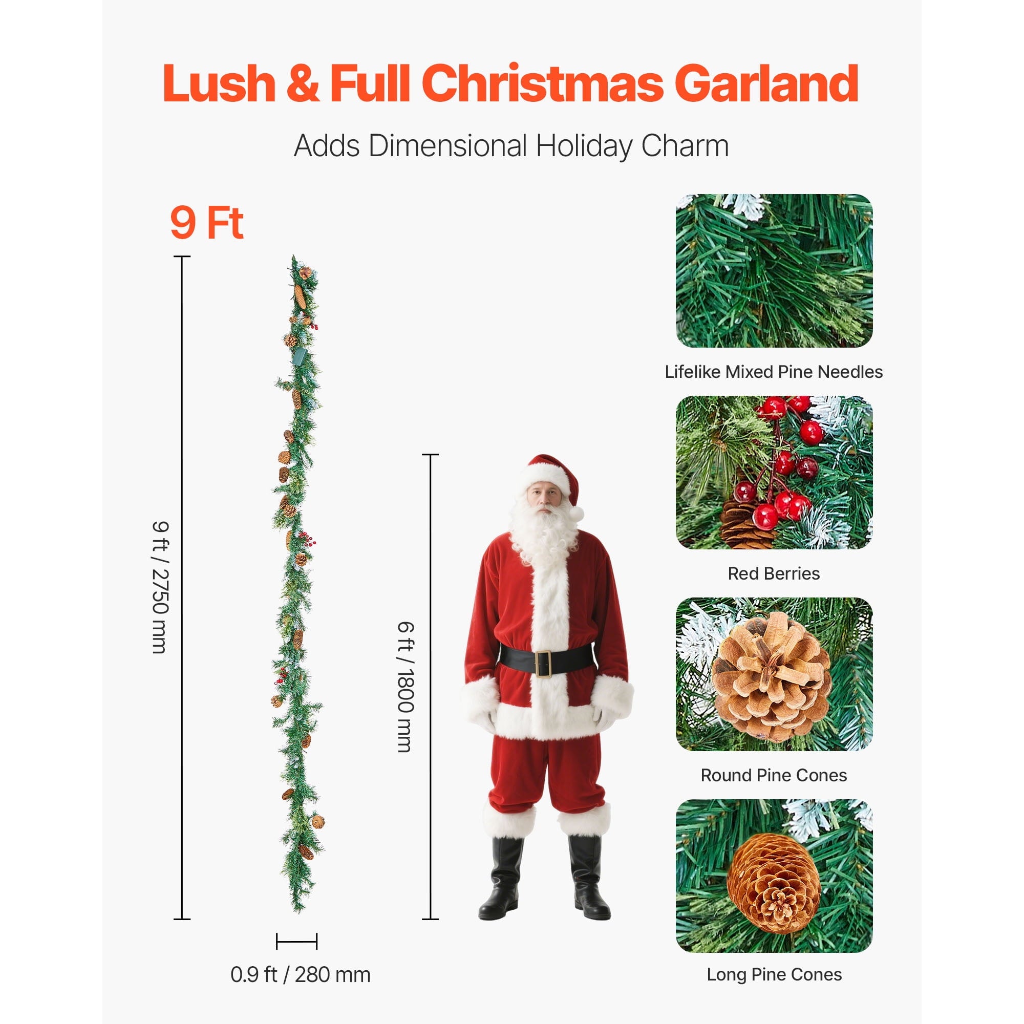 KFFKFF 9-Ft Artificial Christmas Garland with Lights, Festive Greenery Decoration Featuring Berries, Pine Needles, and Cones, Realistic Holiday Accent for Mantels and Fireplaces