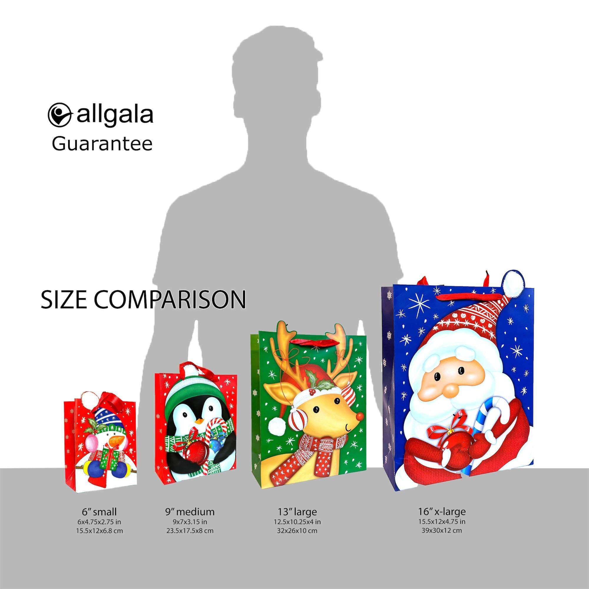 Allgala 12-PC (15.5x12 inch) Premium Vivid Cartoon Design Glitter Chritmas Gift Bag-GP91073