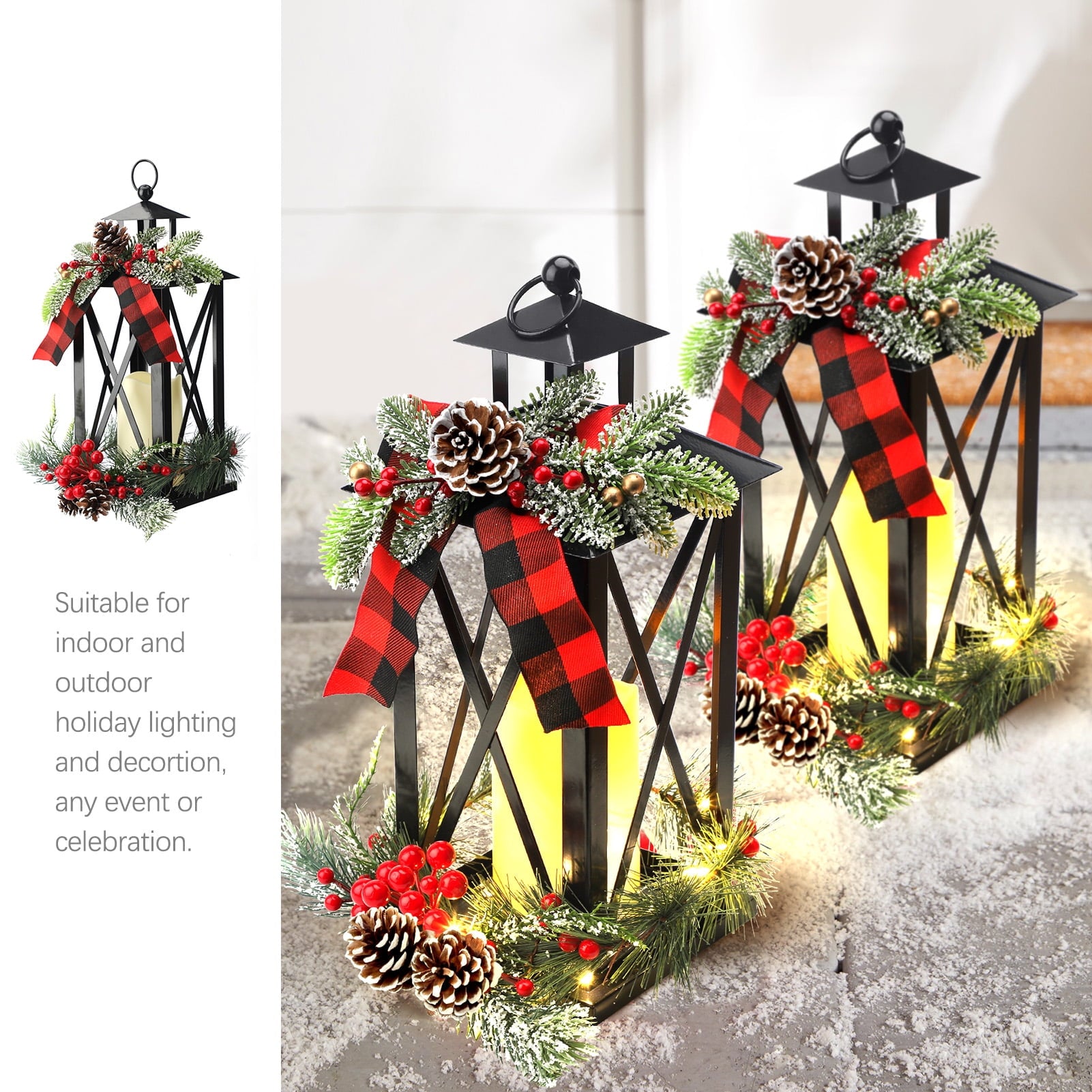 Ayieyill 15" Tall Christmas Lanterns Indoor Outdoor with LED and Ribbon, Hanging Christmas Decortions Candle Lanterns | Black