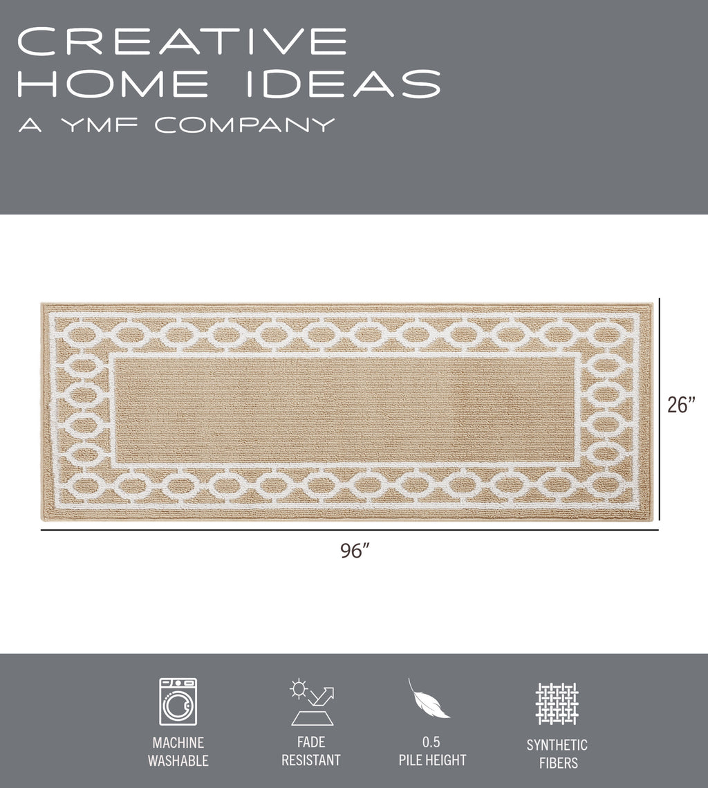 Washable Skid-Resistant Runner Rug, Trellis Border, Beige and White, 26" x 96"