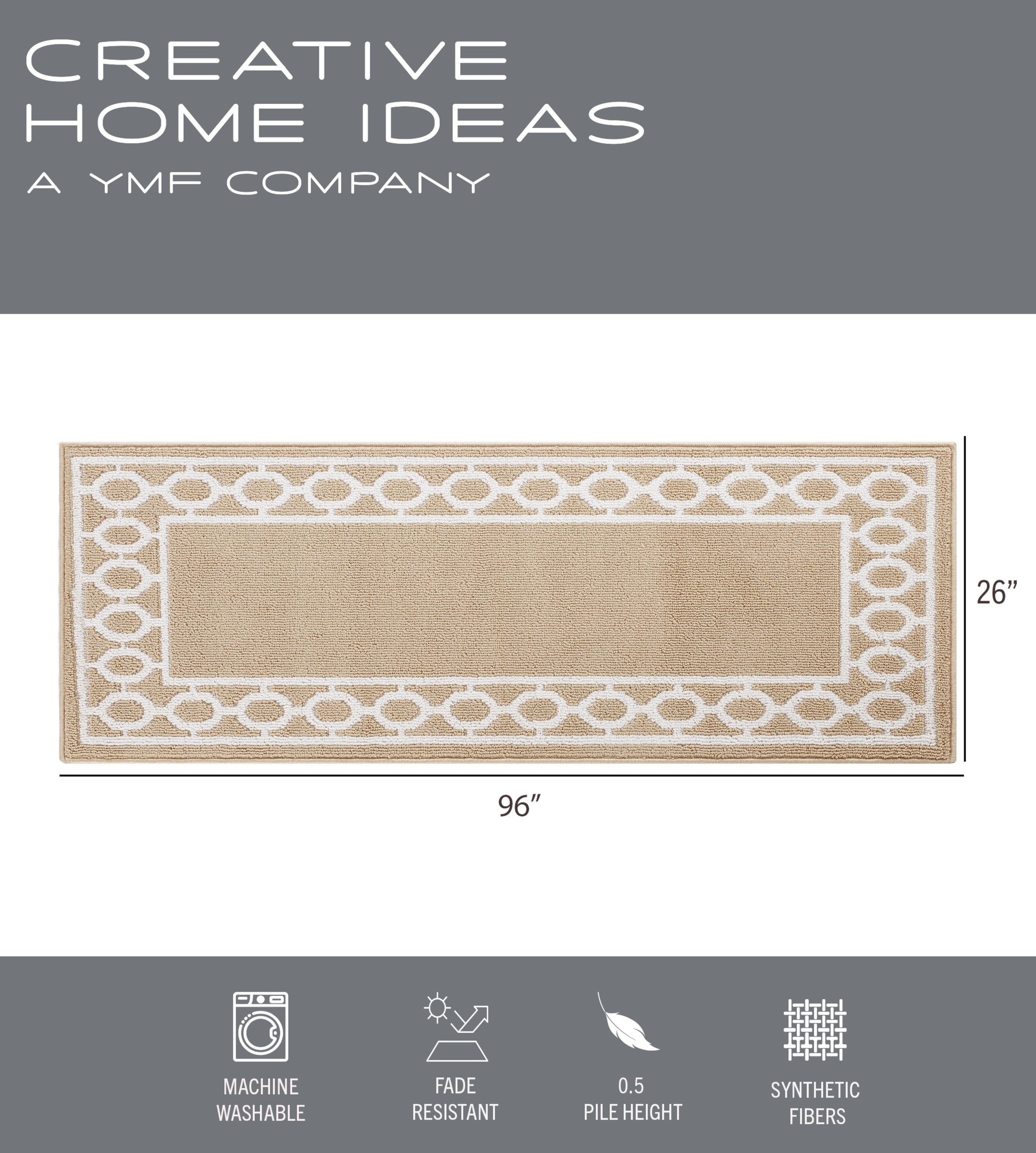 Washable Skid-Resistant Runner Rug, Trellis Border, Beige and White, 26" x 96"