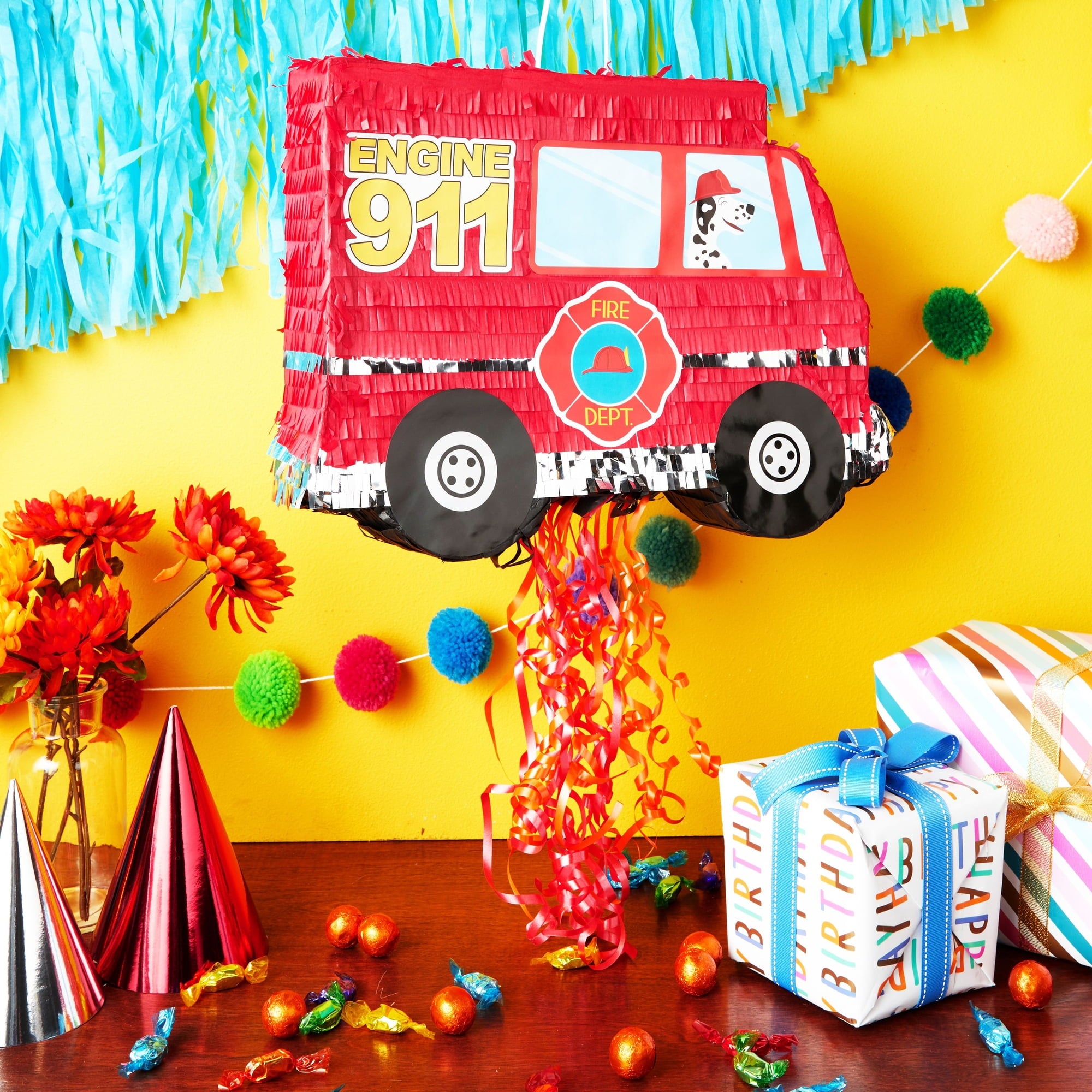 Pull String Fire Truck Pinata for Birthday Party Decorations, Firefighter Party Supplies (Small, 16.5 x 13 x 3 In), For Ages 3+