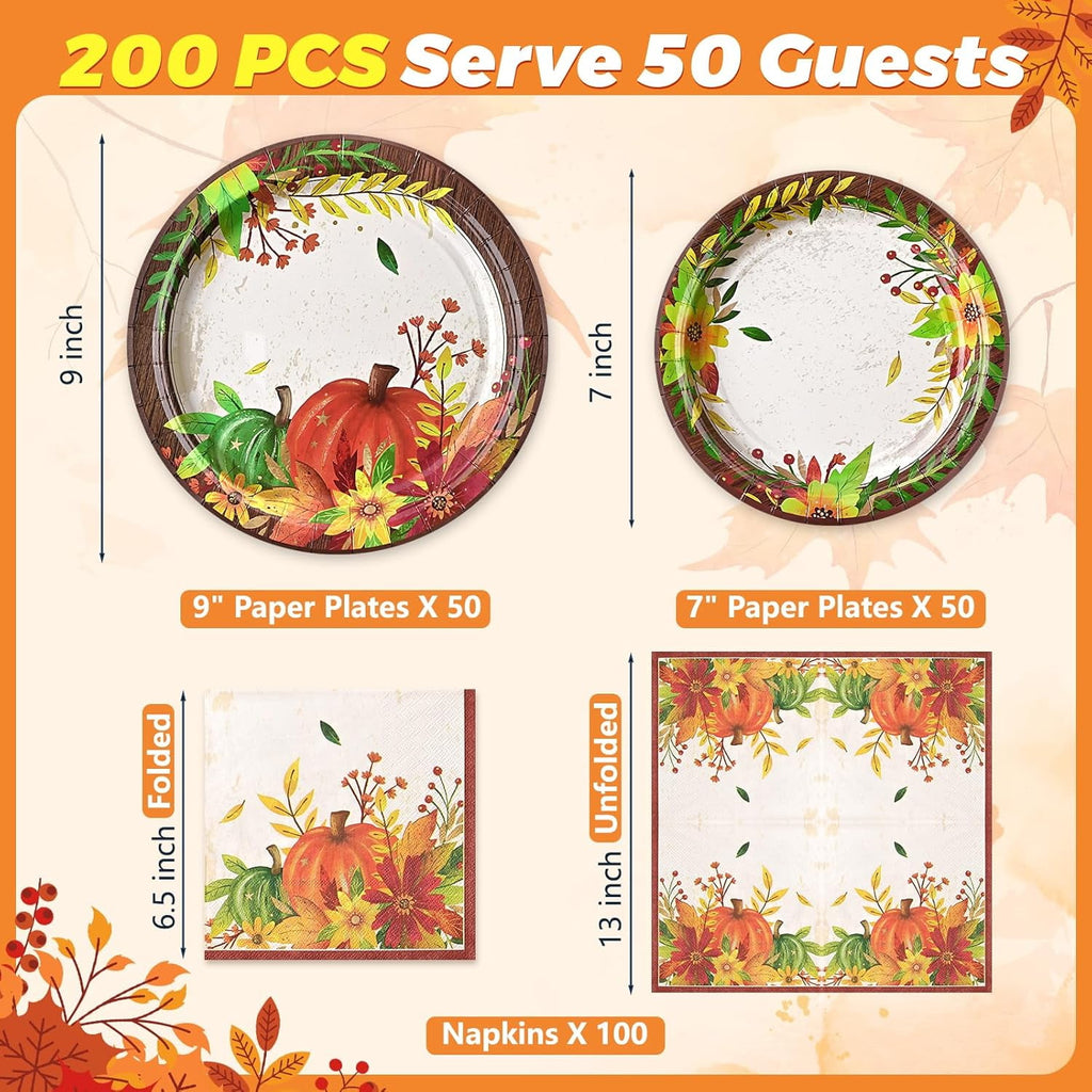 Waipfaru 200 Pcs Fall Paper Plates and Napkins Set, Serves 50,Heavy Duty Disposable Dinnerware for Harvest Thanksgiving Party Supplies