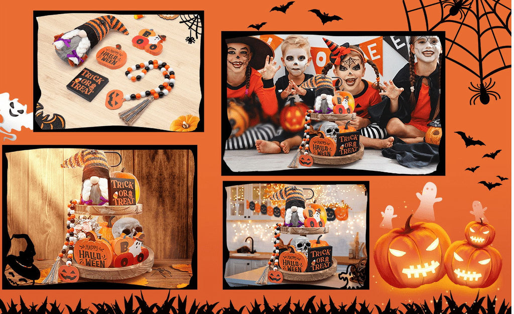 NXN-HOME Halloween Tiered Tray Decorations Including Trick or Treat Wooden Signs, Cute Gnomes Plush and Bead Garland