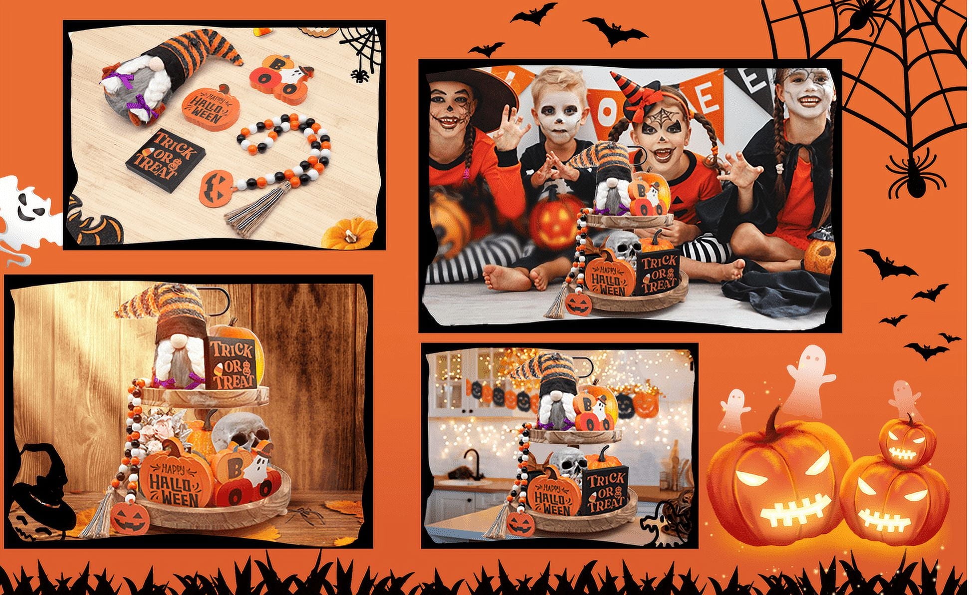 NXN-HOME Halloween Tiered Tray Decorations Including Trick or Treat Wooden Signs, Cute Gnomes Plush and Bead Garland