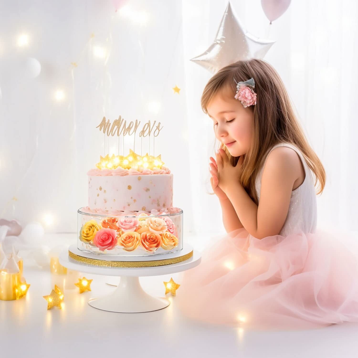 NIUBEE Cake Stand for Wedding 2 Tier Cake Stand with Lid,Clear Acrylic Fillable Cake Holders, Baby Shower Cake Birthday Cake Display with 2M LED Lights