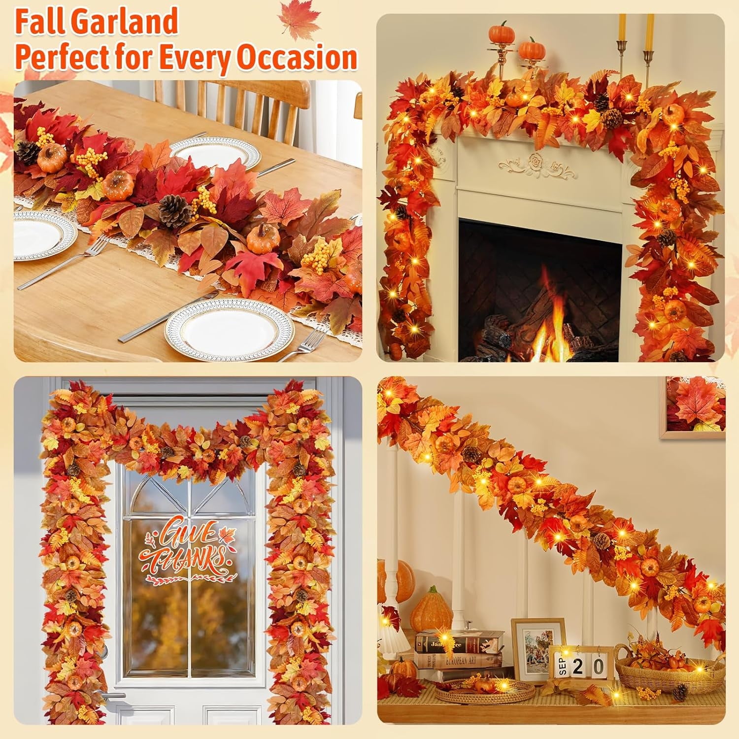 Lyacmy 6 FT Orange Fall Garland for Mantle Fall Decorations for Home, Pumpkins Maple Leaves Lighted Fall Garland for Home Fall Decor Outdoor Indoor