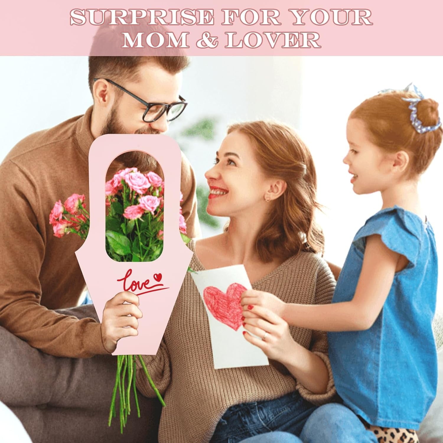 40 Pcs Pink Kraft Paper Flower Gift Bags Bouquet Bags with Handle, Creative Cone Flower Wrapping Paper Bags for Bouquets with 10 Yard Sparkling Ribbon, Flower Bags for Home Florist Wedding