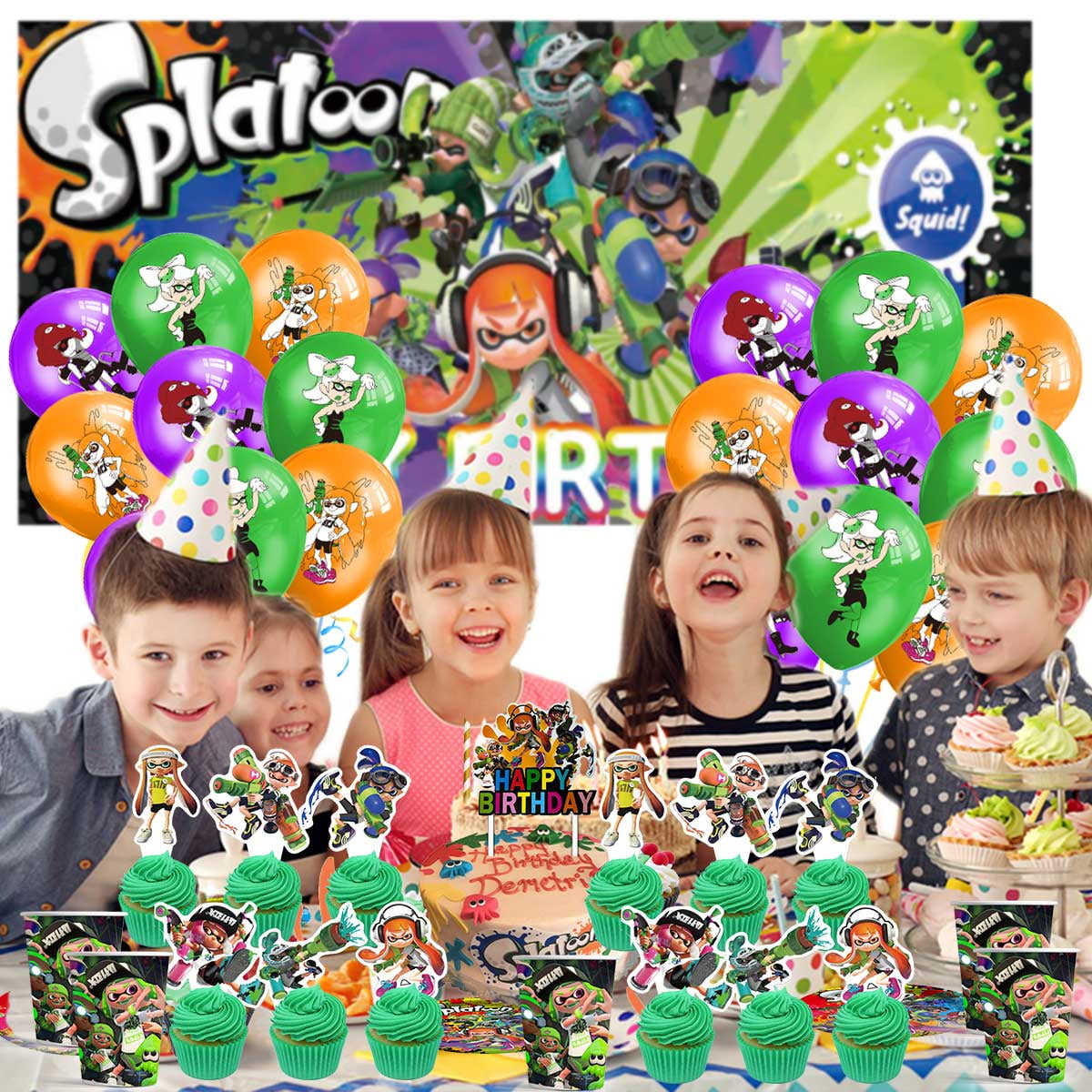 Splatoon Birthday Party Supplies Balloons Plates Decoration Cake Topper Decor Tableware Banner Backdrop