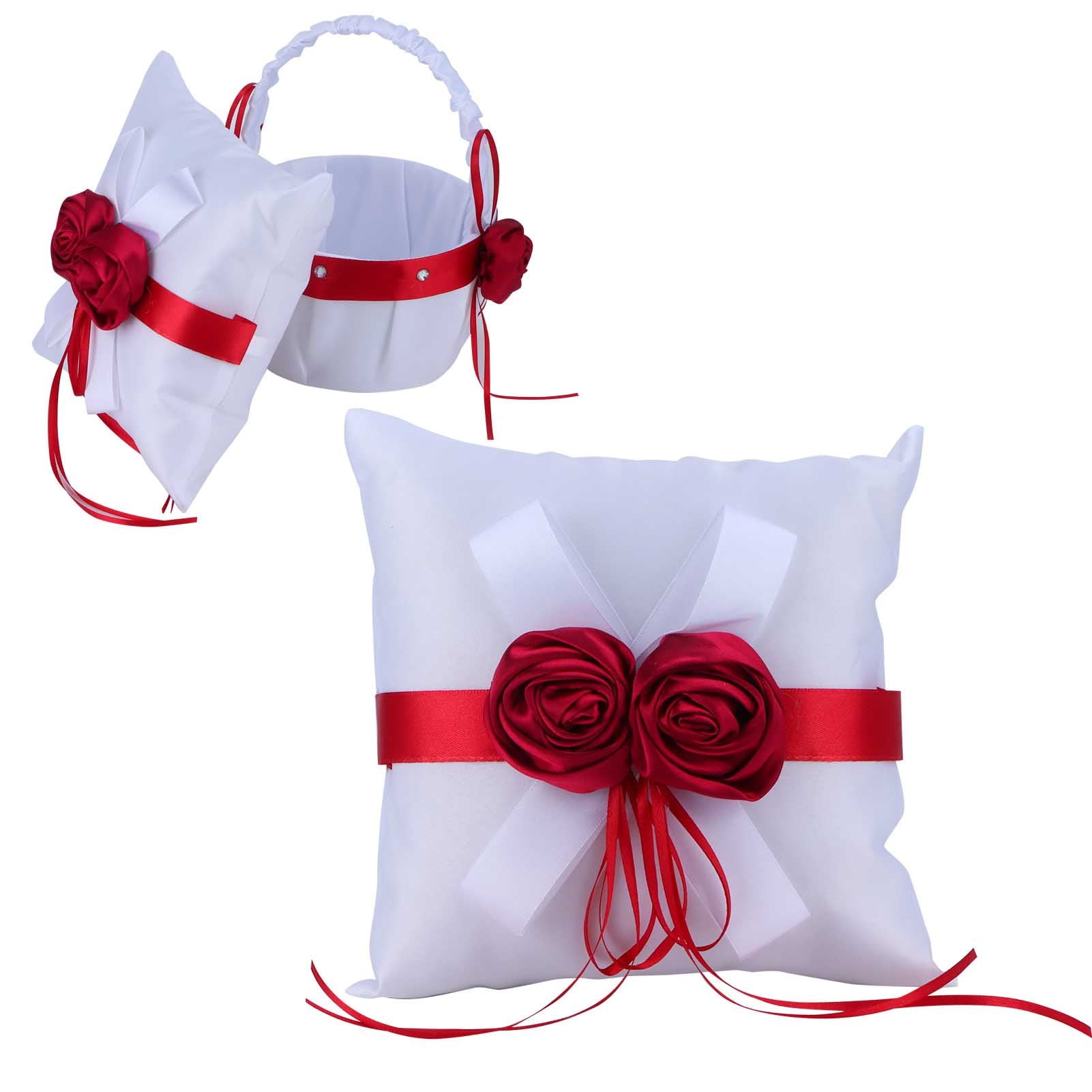 Verdant Touch Ring Pillow Set Wedding Hand Basket Set Flower Basket and Ring Bearer Pillow Cushion for Wedding