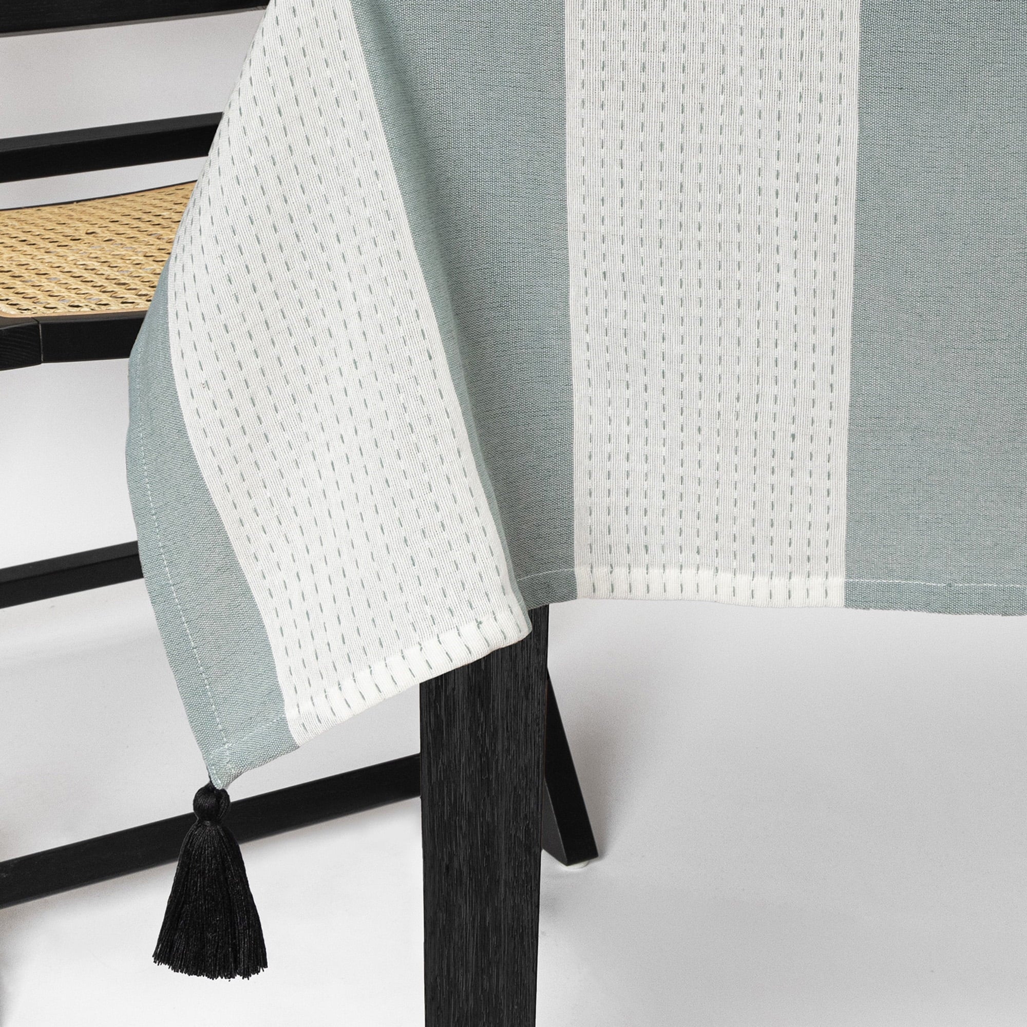 (2 pack) Thyme & Table 102" Rectangle Tablecloth, Green and White with Black Tassels