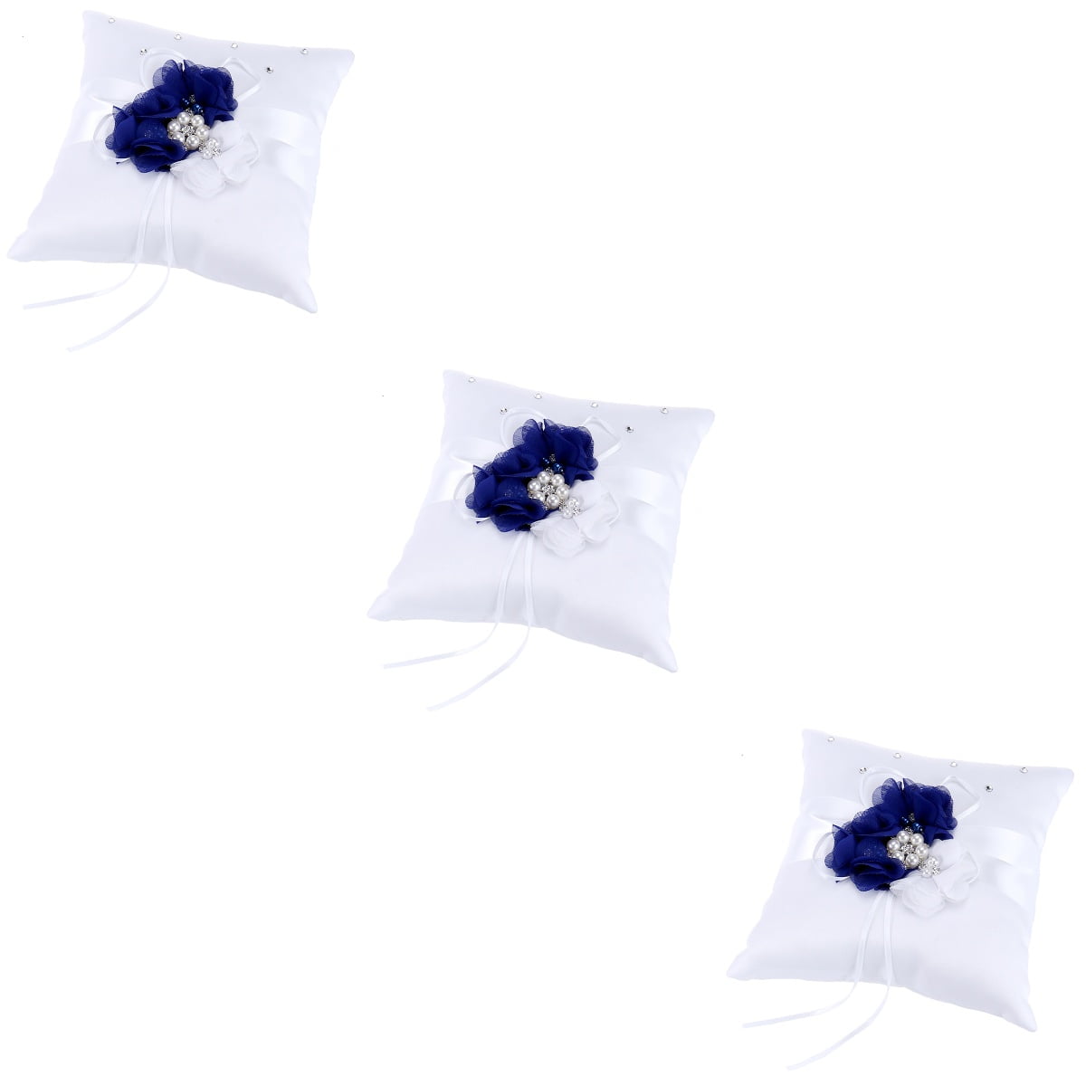 WORGEOUS 3pcs 20*20cm Embellished Wedding Ring Pillow Cushion Pearl Flower Decorated Ring Bearer Pillow (Blue & White Flower)
