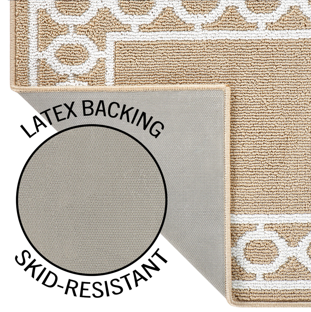 Washable Skid-Resistant Runner Rug, Trellis Border, Beige and White, 26" x 96"