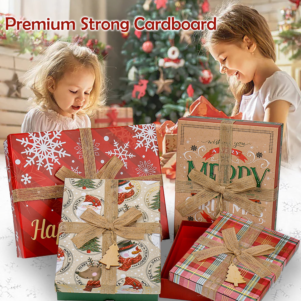 4 Pack Christmas Gift Boxes with Lids Nesting Square Box Set in Bows Decor Designs for Christmas Holiday Birthday Wedding Present