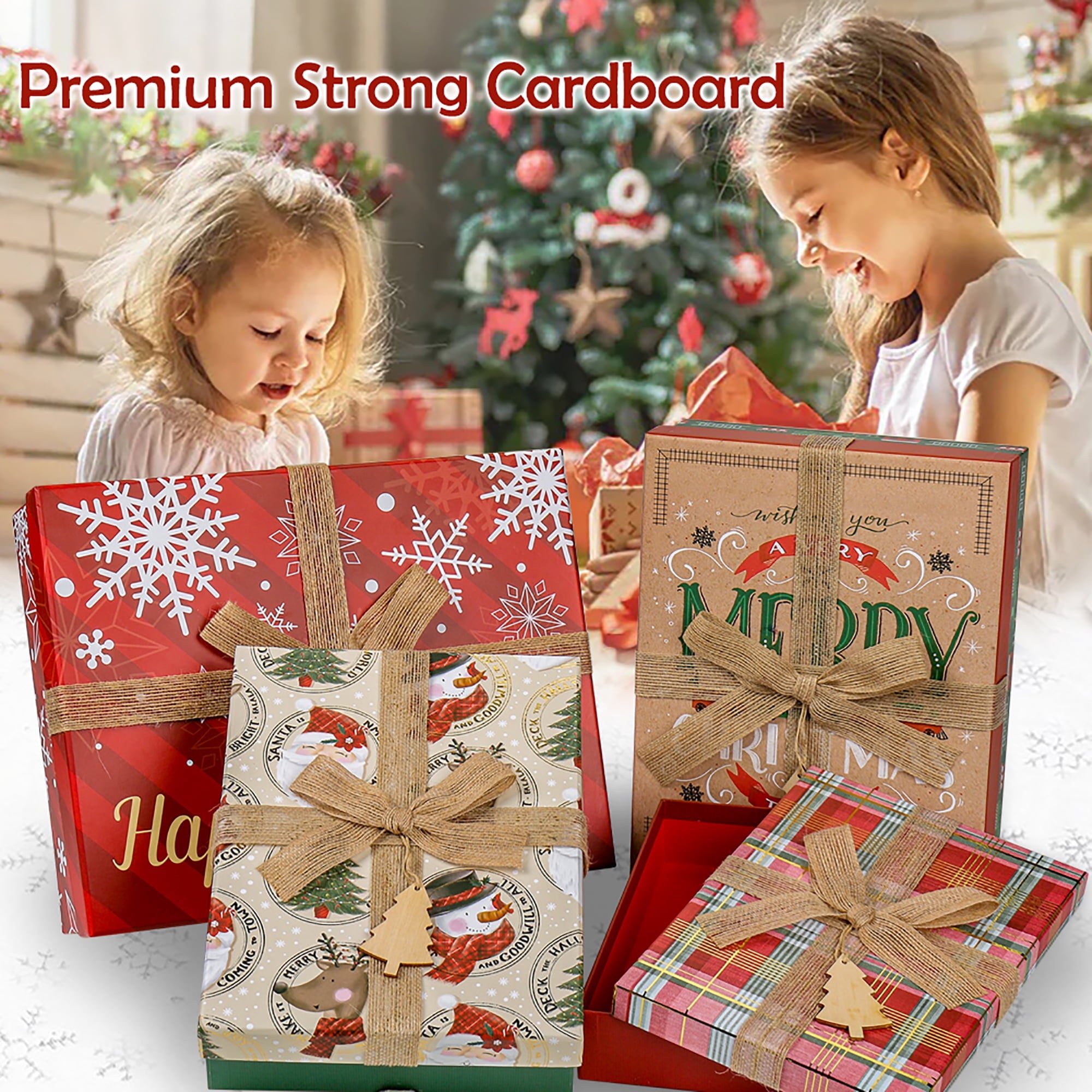 4 Pack Christmas Gift Boxes with Lids Nesting Square Box Set in Bows Decor Designs for Christmas Holiday Birthday Wedding Present