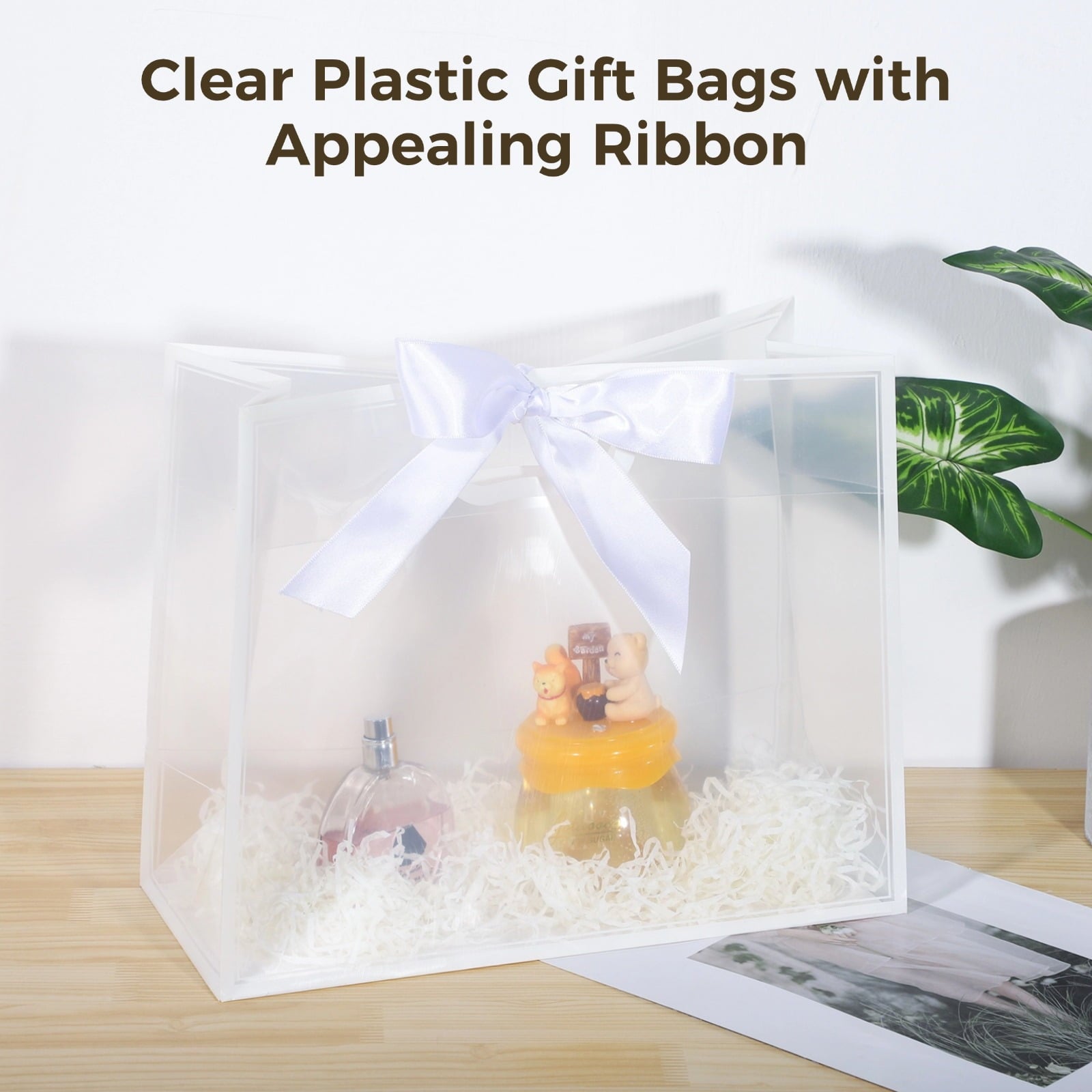 20 Pcs Clear Plastic Gift Bags with Handles, 12*5*10'' PP Frosted Totes with 31 Inch Ribbon, Reusable Waterproof Presentation Bags for Party Favor, Baby Shower, Wedding, Birthday