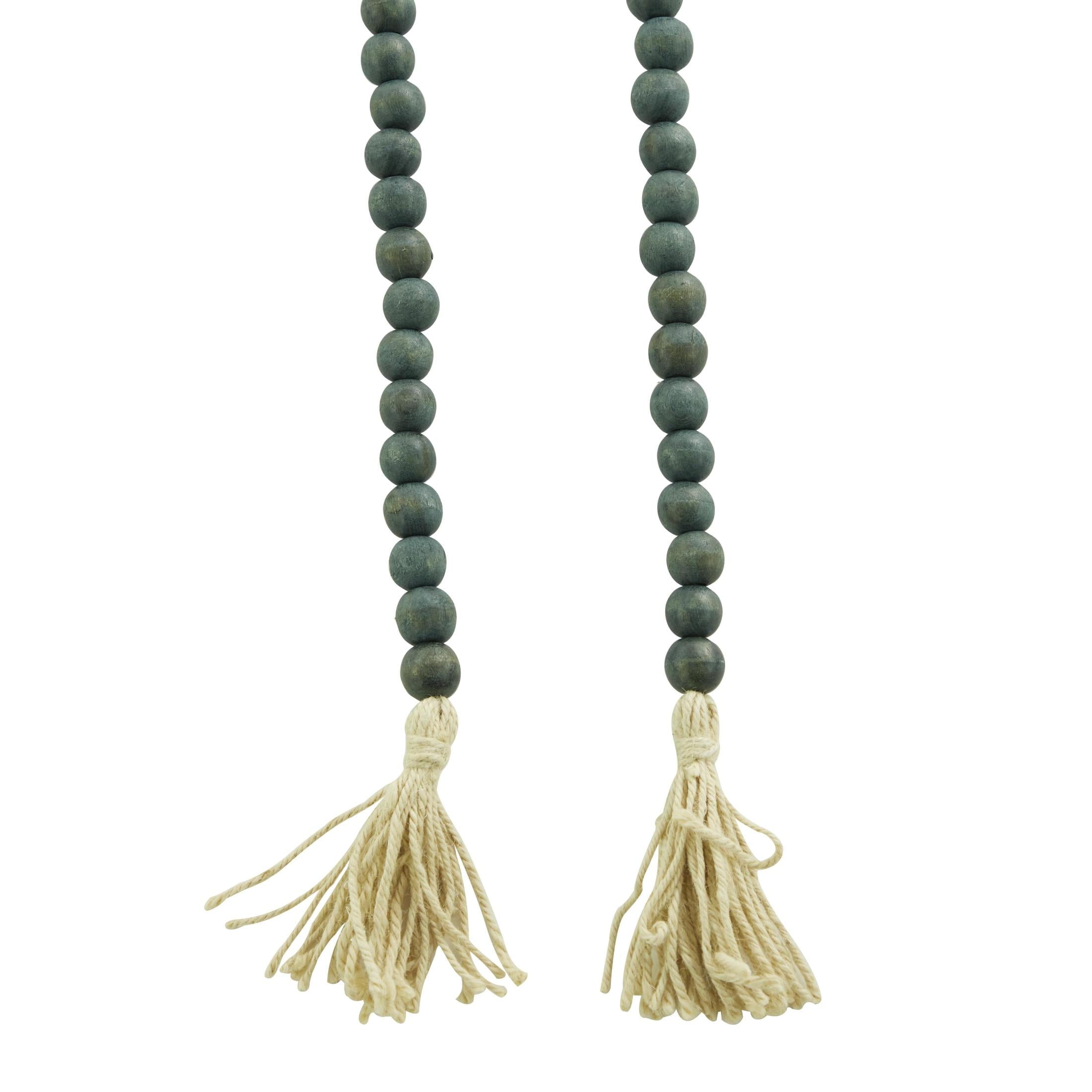 DecMode Green Wood Bohemian Garland Décor with Geometric Bead Details and Cream Cotton Tassel, 81"L