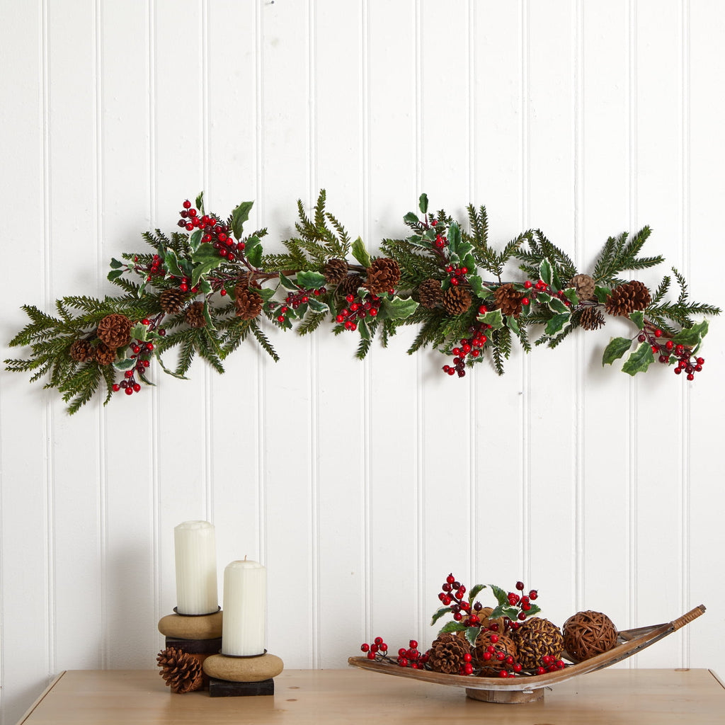 Nearly Natural 4942 Holly Berry Garland, 54-Inch, Red/Green