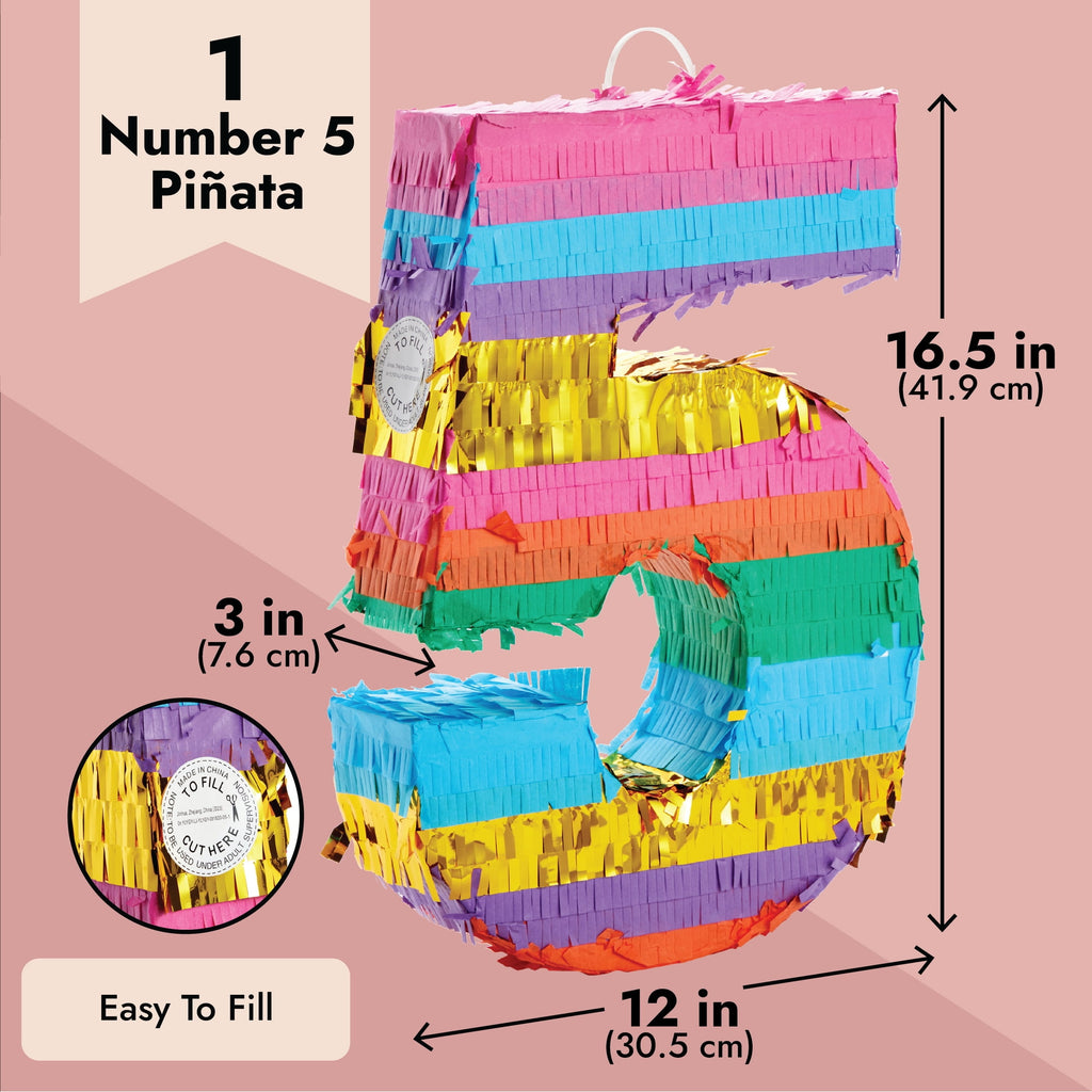 BLUE PANDA Rainbow Number 5 Pinata for Kids Ages 3-14 Birthday Party Decoration, Fiesta, Cinco de Mayo Celebration, Small (12 x 16.5 x 3 In)