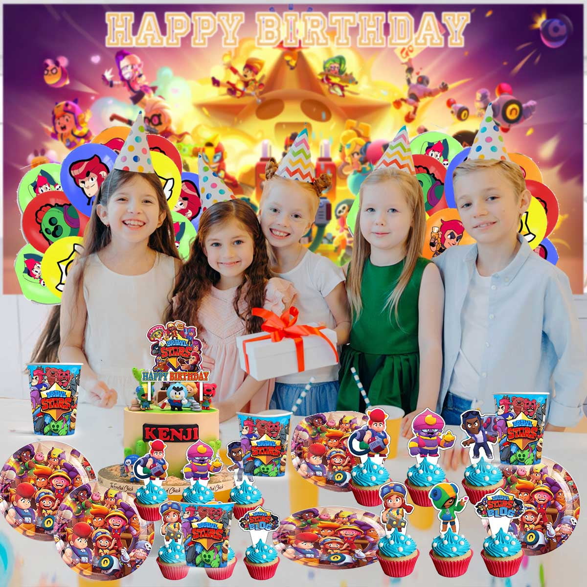 Brawl Stars Balloons Supplies Party Decor Plates Decorations Banner Cake Topper Tableware Banner Backdrop