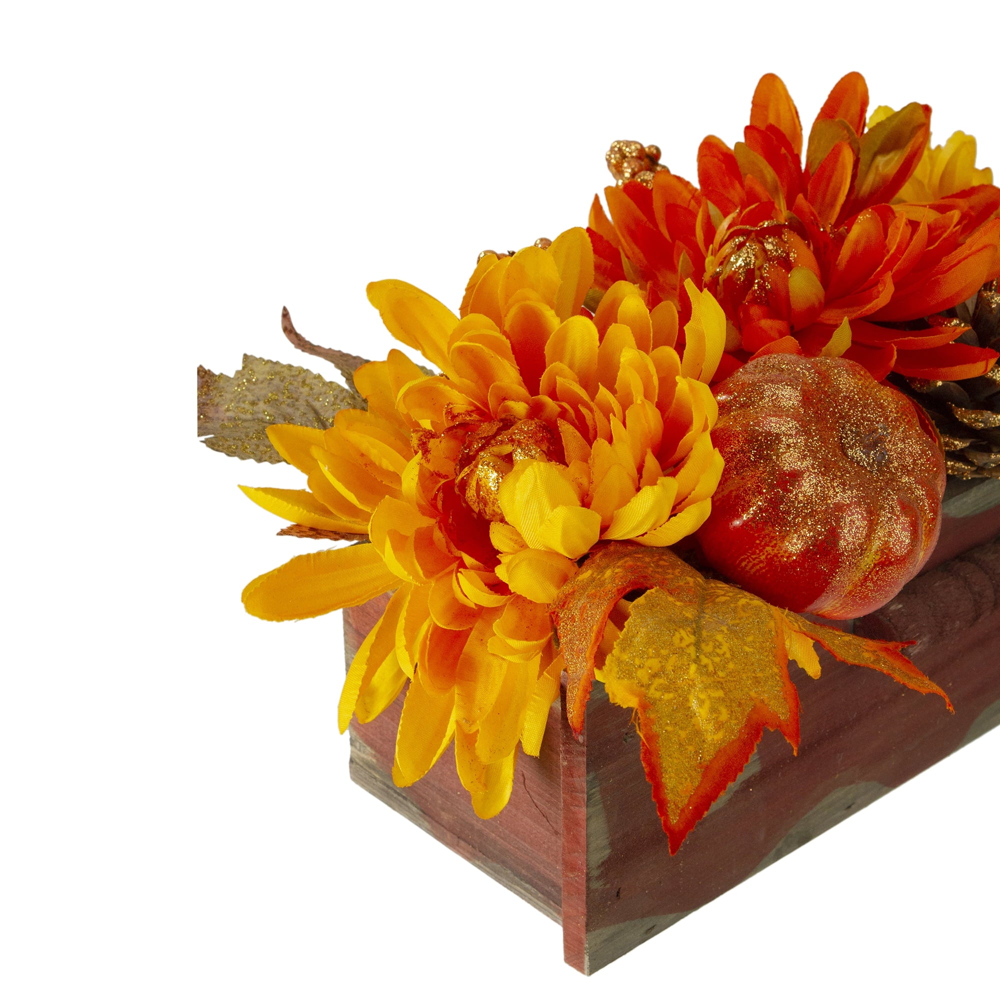 Northlight Autumn Harvest Glitter Floral Arrangement in Rustic Wooden Box Centerpiece - 14"