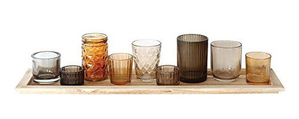 Desert Fields 9-Candle Brown Wood Tray with Glass Votive Candle Holders, Set of 10