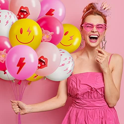 50Pcs Preppy Y2k Hot Pink Party Balloons Smile Face Lightning 12inch Latex Balloon with Ribbon Retro Decoration Supplies for Teen Girls Birthday Bachelorette Early 2000s Theme Party