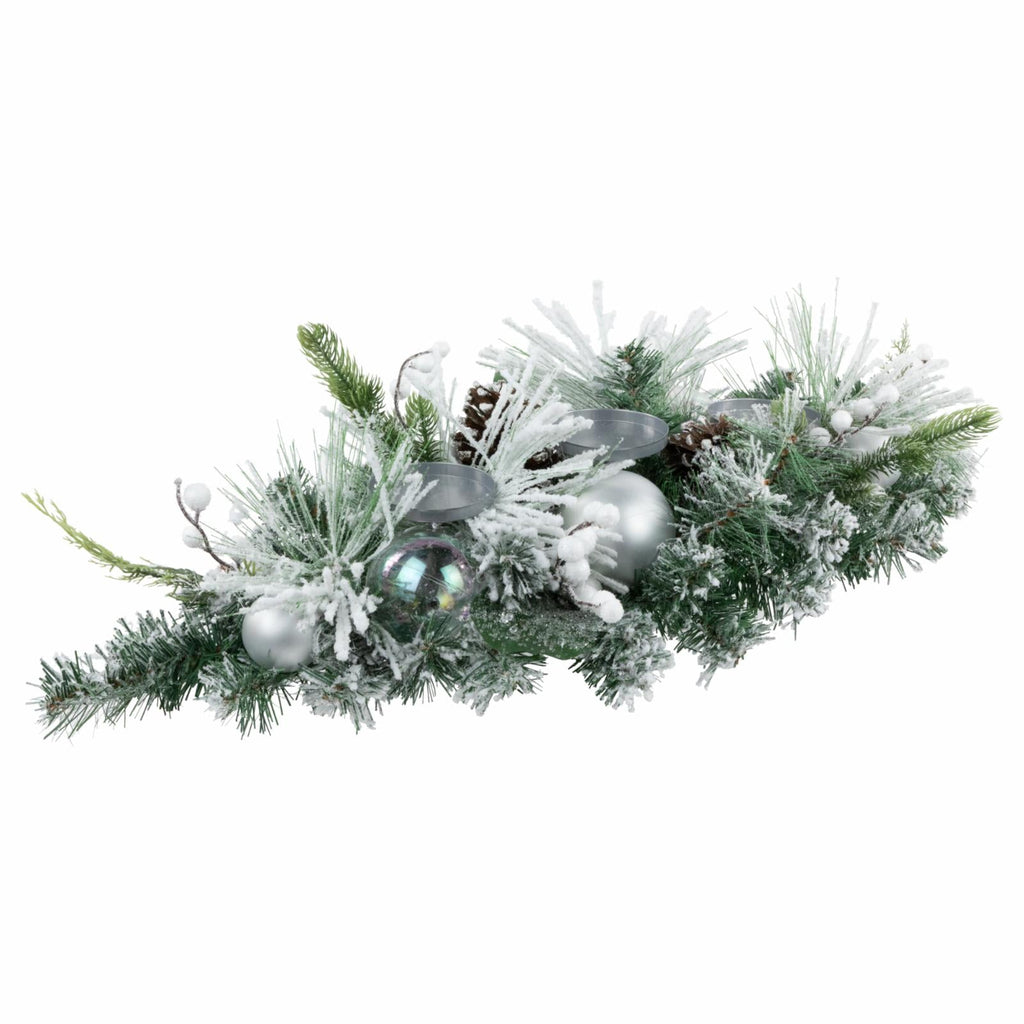 Northlight 30" Green Flocked Pine Triple Candle Holder and Iridescent Christmas Ornaments