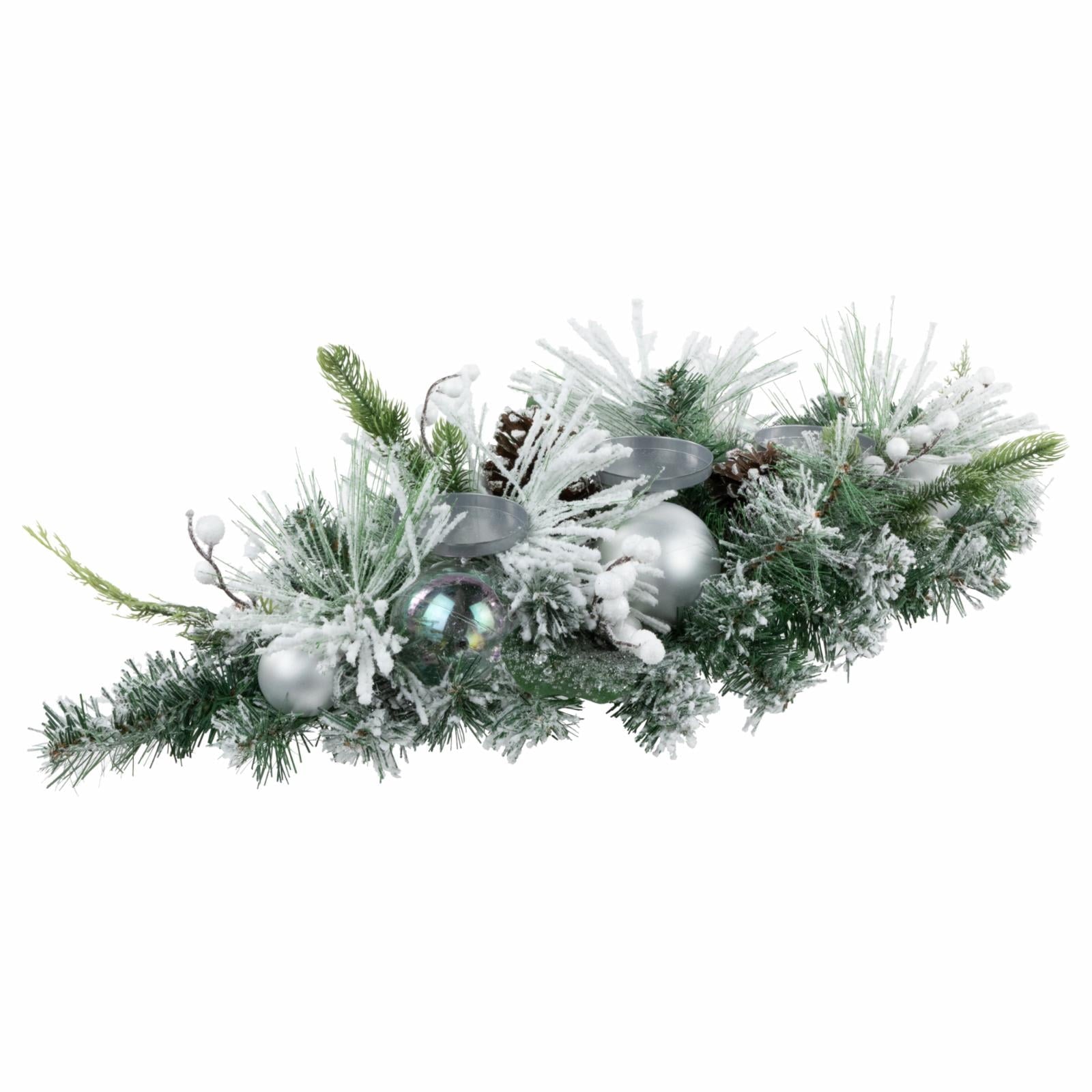 Northlight 30" Green Flocked Pine Triple Candle Holder and Iridescent Christmas Ornaments