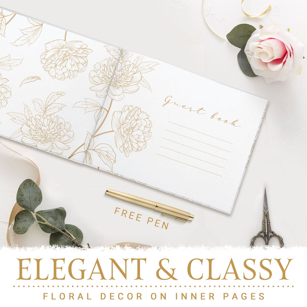 Lovely J Dragonfly Gold Stamped Floral Wedding Guest Book with Pen
