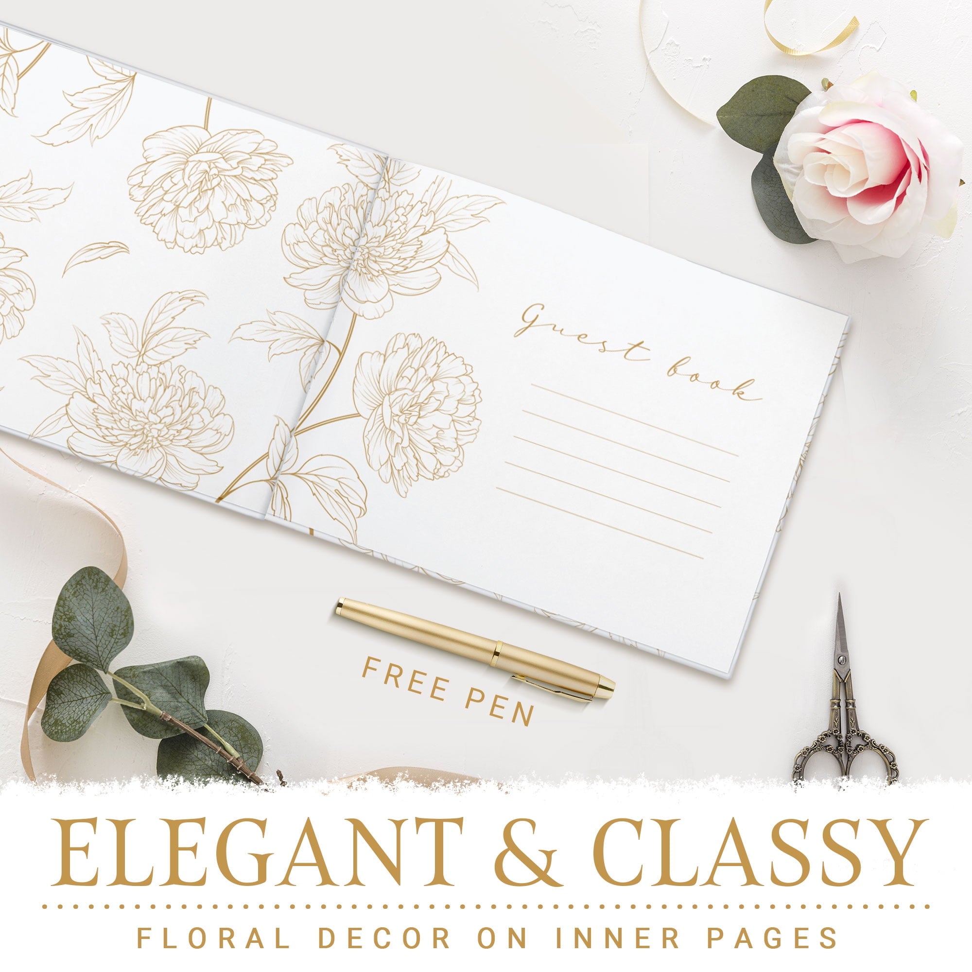 Lovely J Dragonfly Gold Stamped Floral Wedding Guest Book with Pen