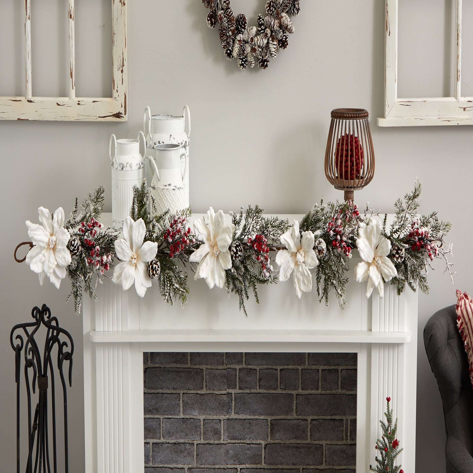 Nearly Natural 60 in. Frosted Magnolia & Berry Artificial Garland