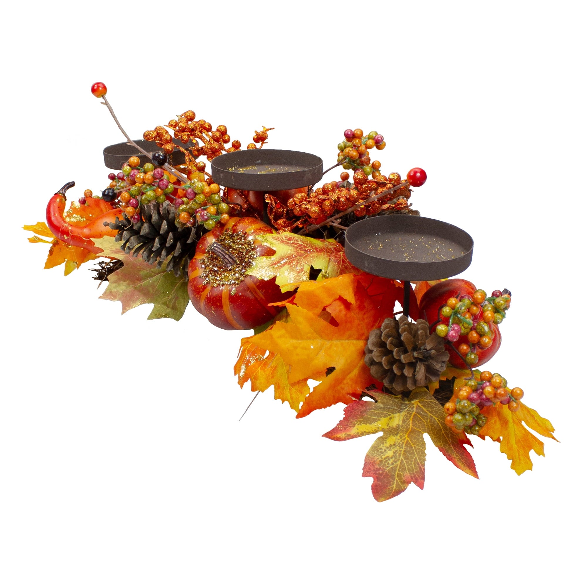 Northlight 21" Orange Fall Harvest Leaves and Pumpkins Candle Holder